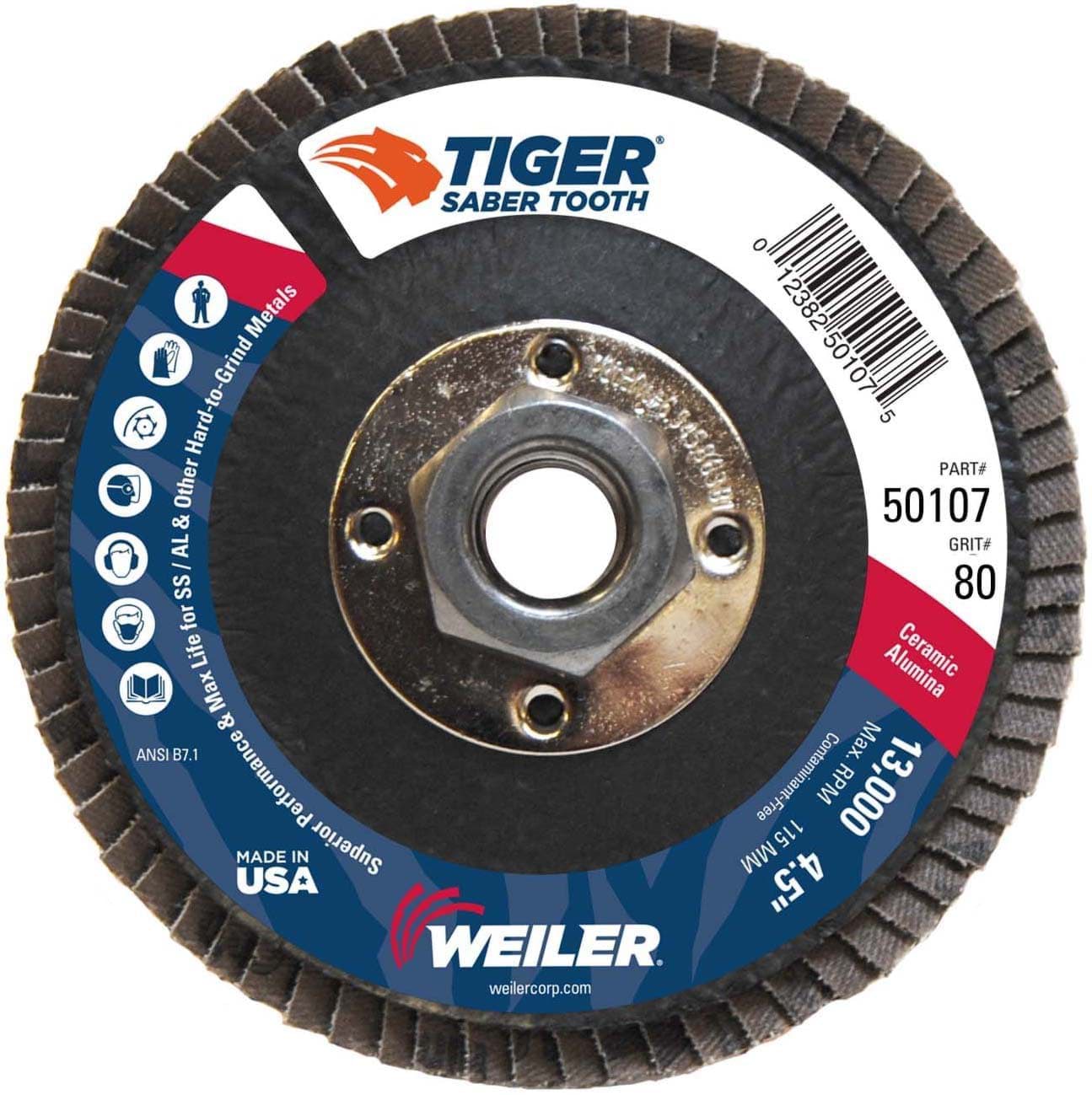 Picture of 4-1/2" Tiger Ceramic Abrasive Flap Disc, Conical (TY29), Phenolic Back,80C, 5/8"-11 UNC Nut