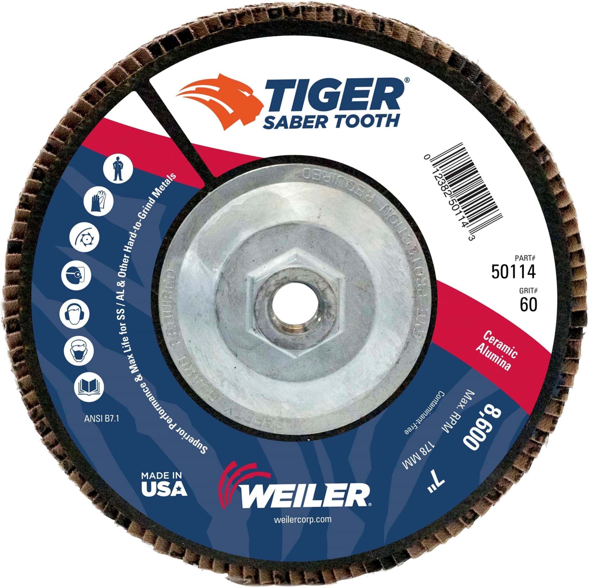 Picture of 7" Tiger Ceramic Abrasive Flap Disc, Conical (TY29), Phenolic Backing, 60C, 5/8"-11 UNC Nut