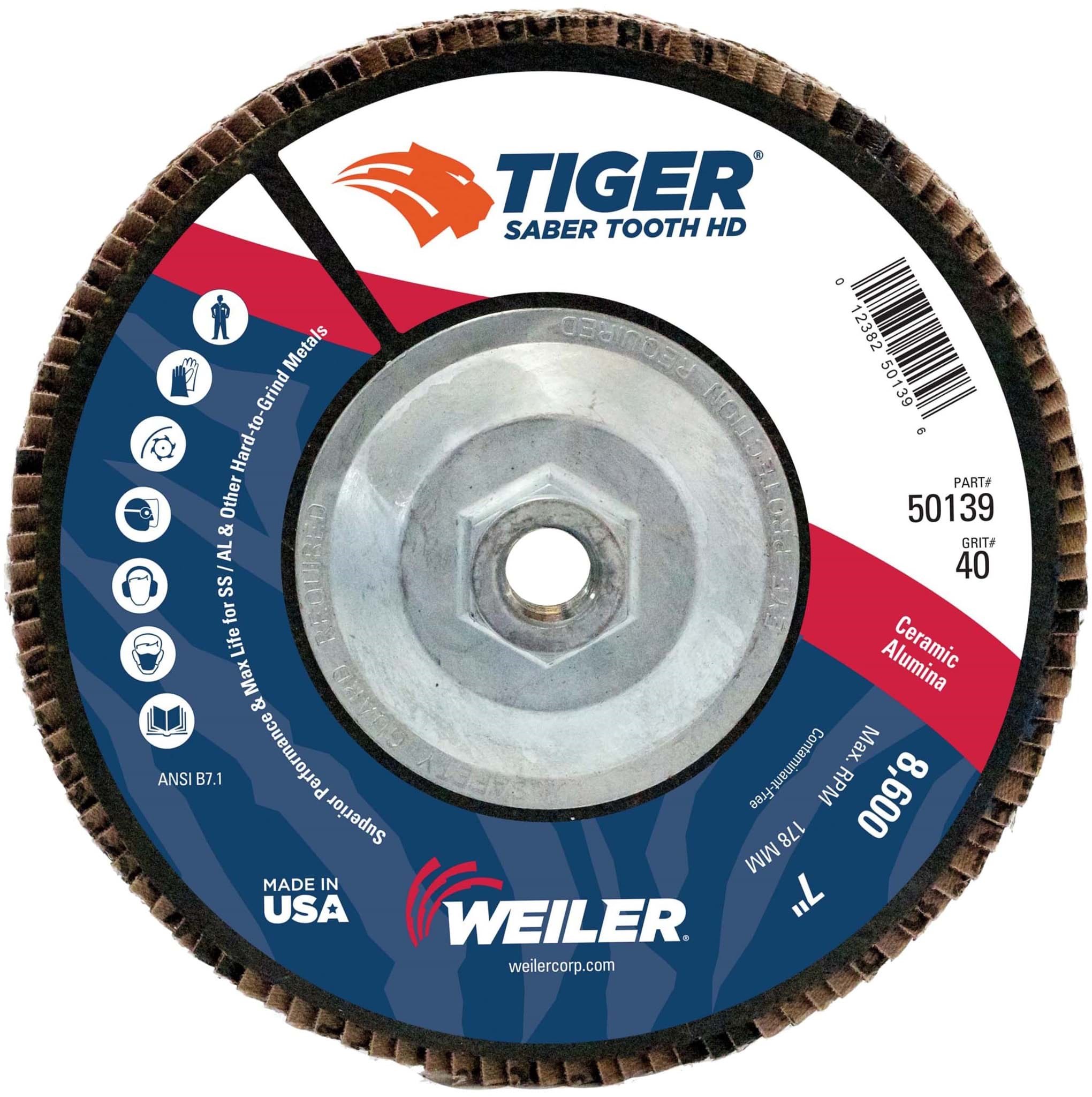 Picture of 7" Tiger Ceramic High Density (TY27)  Abrasive, 40C, 5/8"-11 UNC Nut