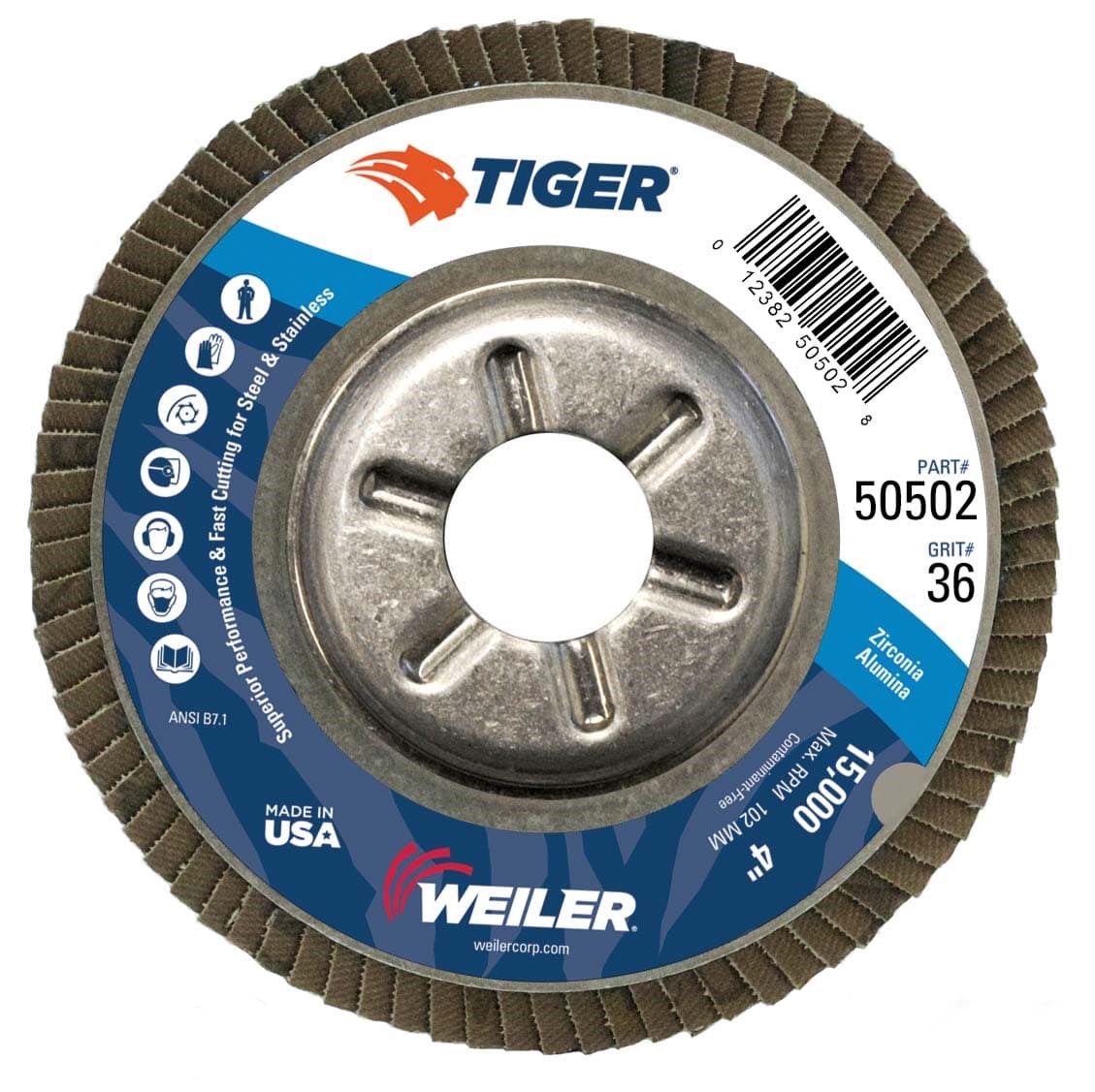 Picture of 4" Tiger Disc Abrasive Flap Disc, Conical (TY29), Aluminum Backing, 36Z, 5/8" Arbor Hole