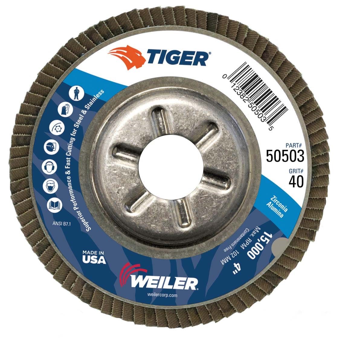 Picture of 4" Tiger Disc Abrasive Flap Disc, Conical (TY29), Aluminum Backing, 40Z, 5/8" Arbor Hole