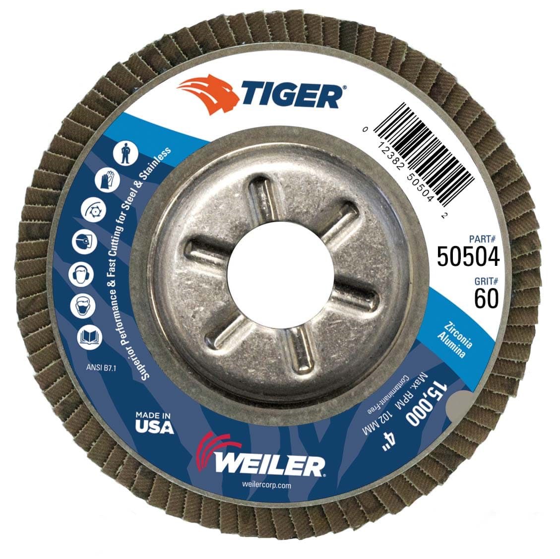Picture of 4" Tiger Disc Abrasive Flap Disc, Conical (TY29), Aluminum Backing, 60Z, 5/8" Arbor Hole