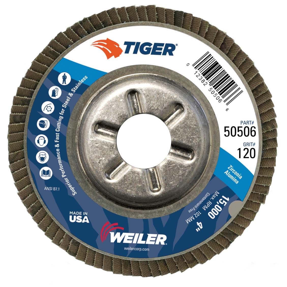 Picture of 4" Tiger Disc Abrasive Flap Disc, Conical (TY29), Aluminum Backing, 120Z, 5/8" Arbor Hole