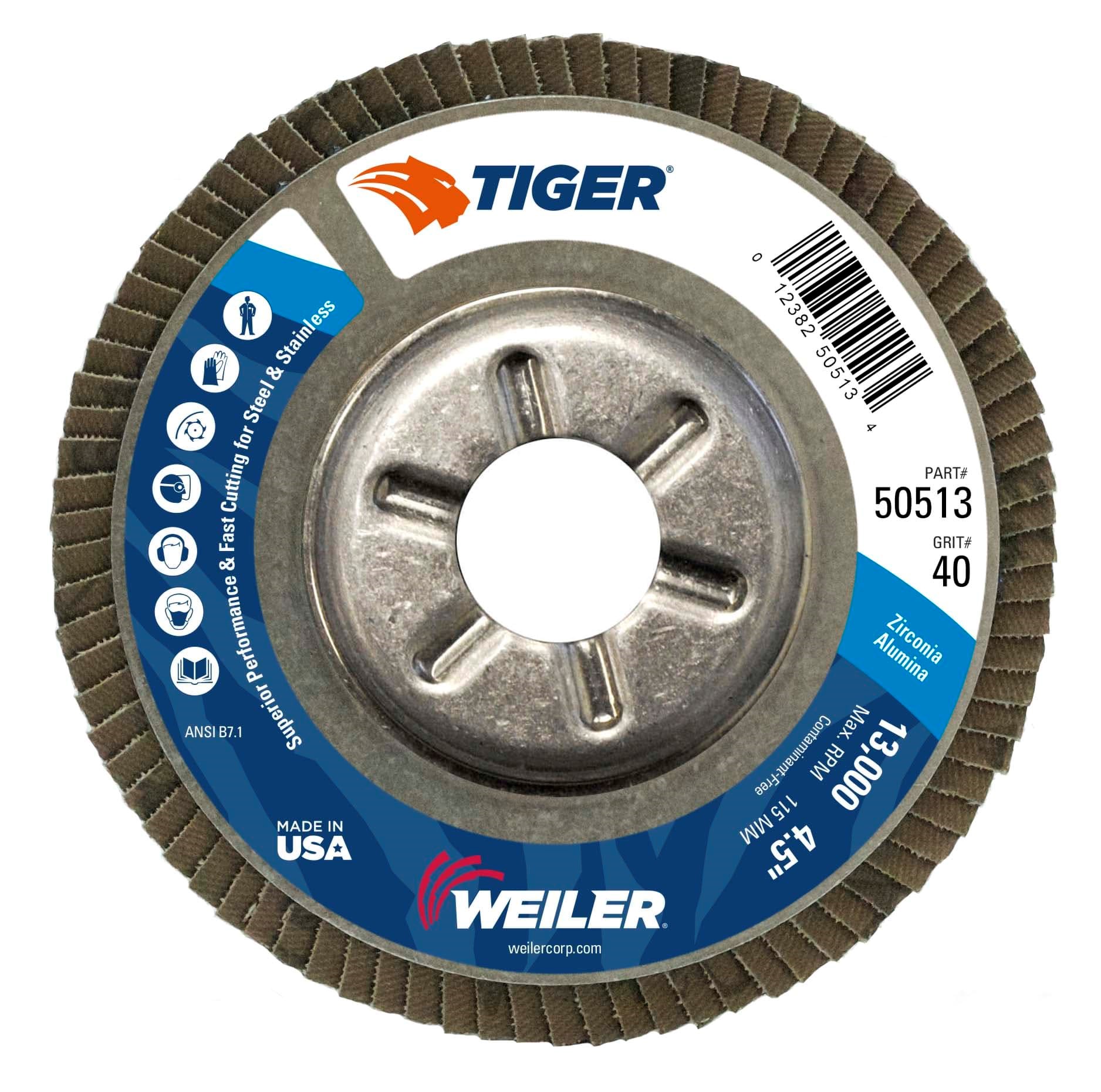 Picture of 4-1/2" Tiger Disc Abrasive Flap Disc, Conical (TY29), Aluminum Backing, 40Z, 7/8" Arbor Hole