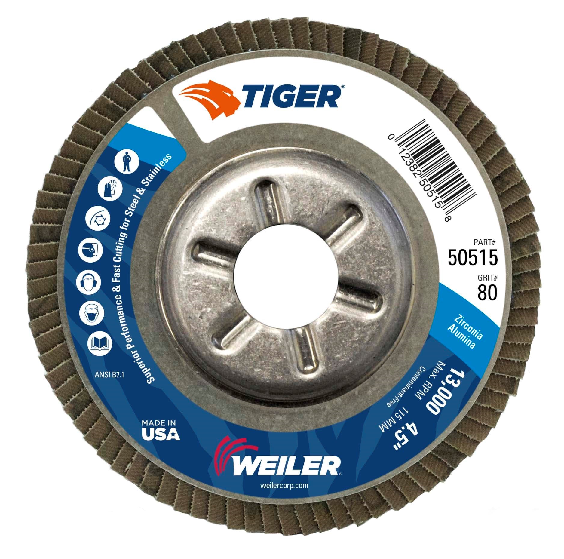 Picture of 4-1/2" Tiger Disc Abrasive Flap Disc, Conical (TY29), Aluminum Backing, 80Z, 7/8" Arbor Hole
