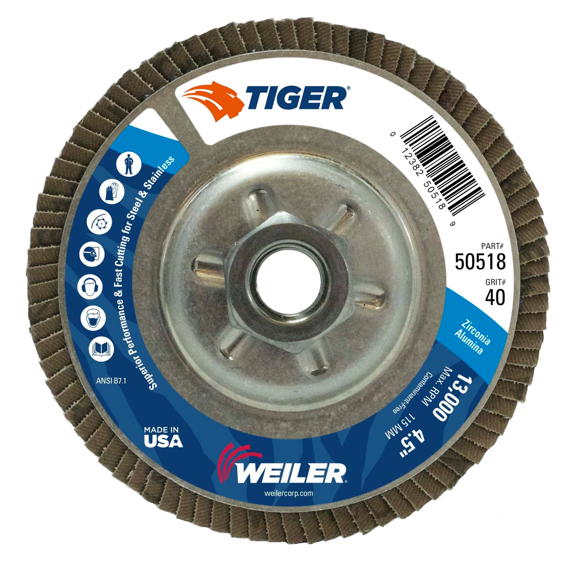 Picture of 4-1/2" Tiger Disc Abrasive Flap Disc, Conical (TY29), Aluminum Backing, 40Z, 5/8"-11 UNC Nut