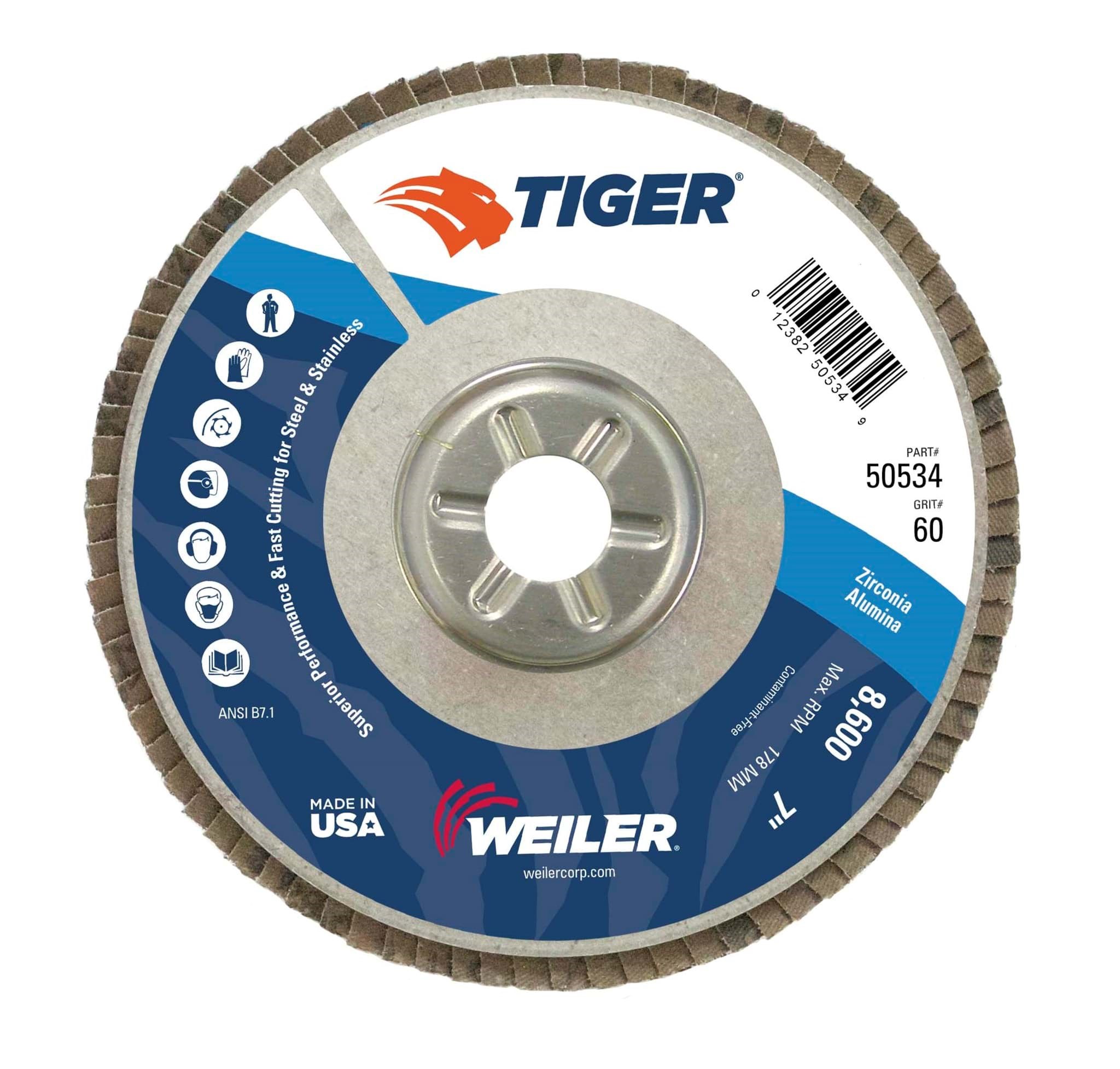 Picture of 7" Tiger Disc Abrasive Flap Disc, Conical (TY29), Aluminum Backing, 60Z, 7/8" Arbor Hole