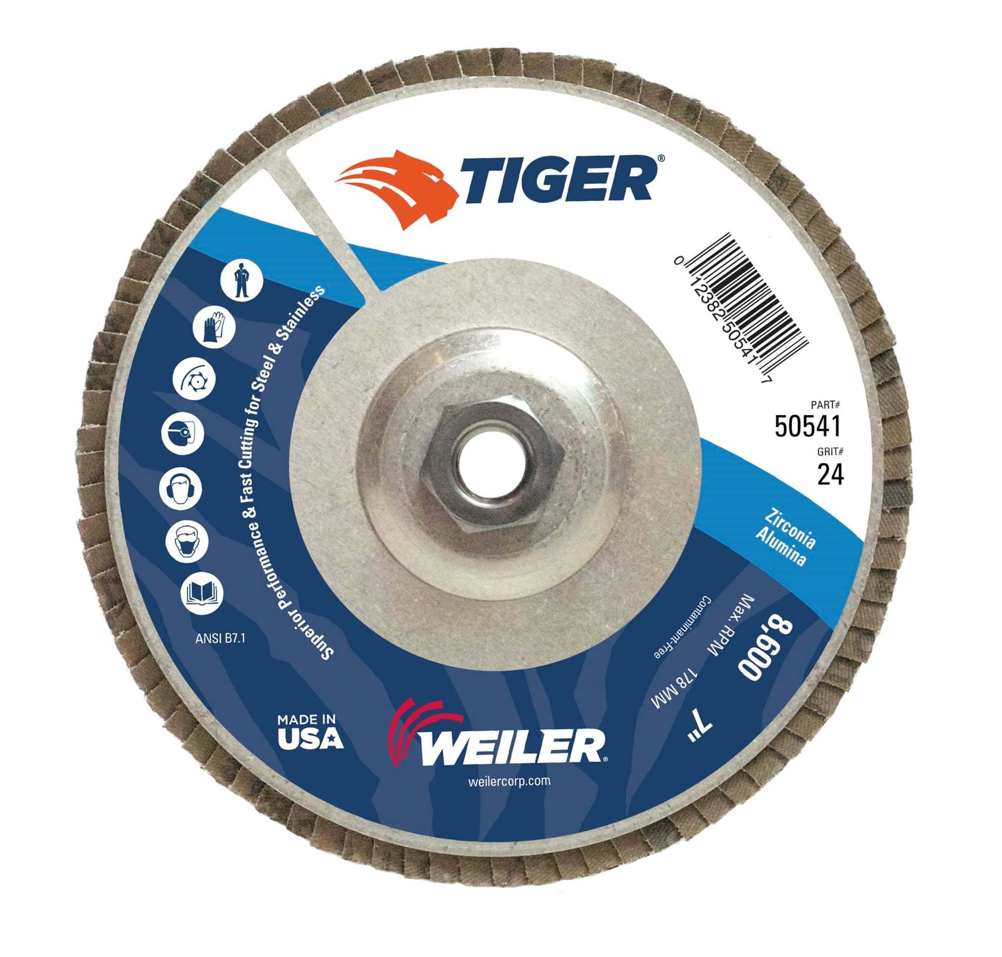 Picture of 7" Tiger Disc Abrasive Flap Disc, Conical (TY29), Aluminum Backing, 24Z, 5/8"-11 UNC Nut