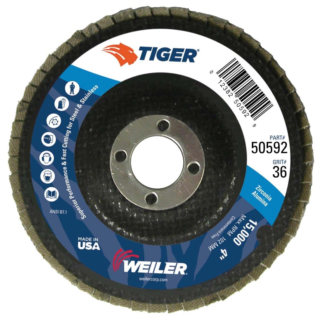 Picture of 4" Tiger Disc Abrasive Flap Disc, Conical (TY29), Phenolic Backing, 36Z, 5/8" Arbor Hole