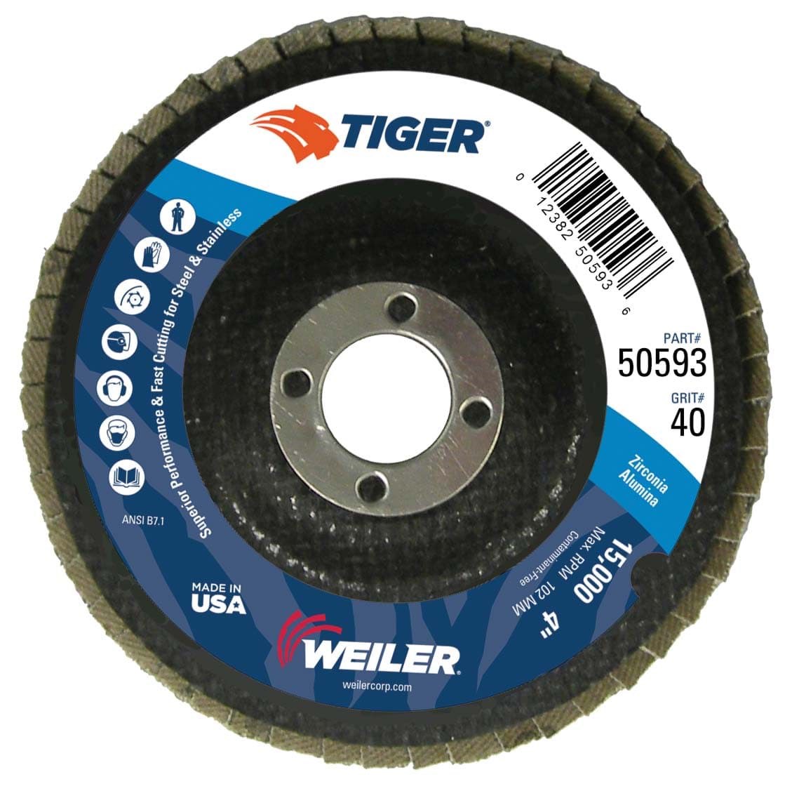 Picture of 4" Tiger Disc Abrasive Flap Disc, Conical (TY29), Phenolic Backing, 40Z, 5/8" Arbor Hole