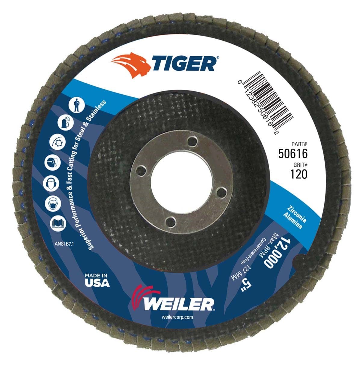 Picture of 5" Tiger Disc Abrasive Flap Disc, Conical (TY29), Phenolic Backing, 120Z, 7/8" Arbor Hole