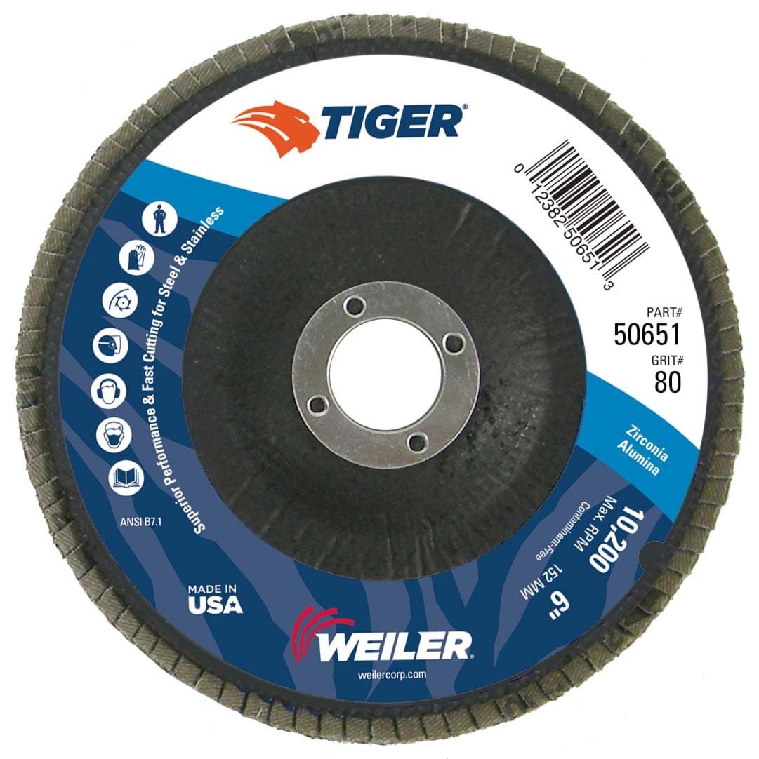 Picture of 6" Tiger Disc Abrasive Flap Disc, Conical (TY29), Phenolic Backing, 80Z, 7/8" Arbor Hole