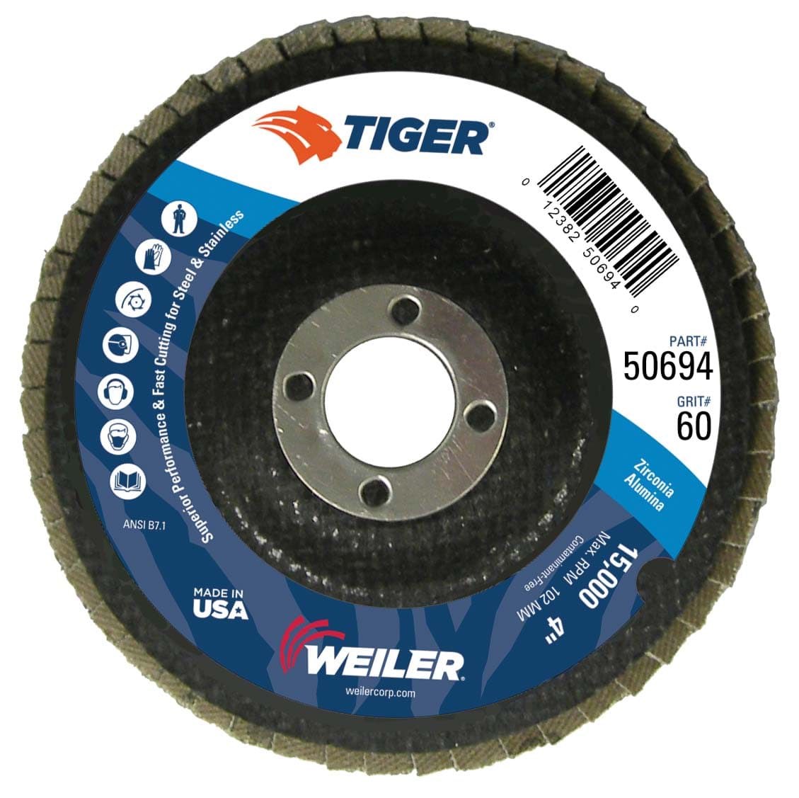 Picture of 4" Tiger Disc Abrasive Flap Disc, Flat (TY27), Phenolic Backing, 60Z, 5/8" Arbor Hole