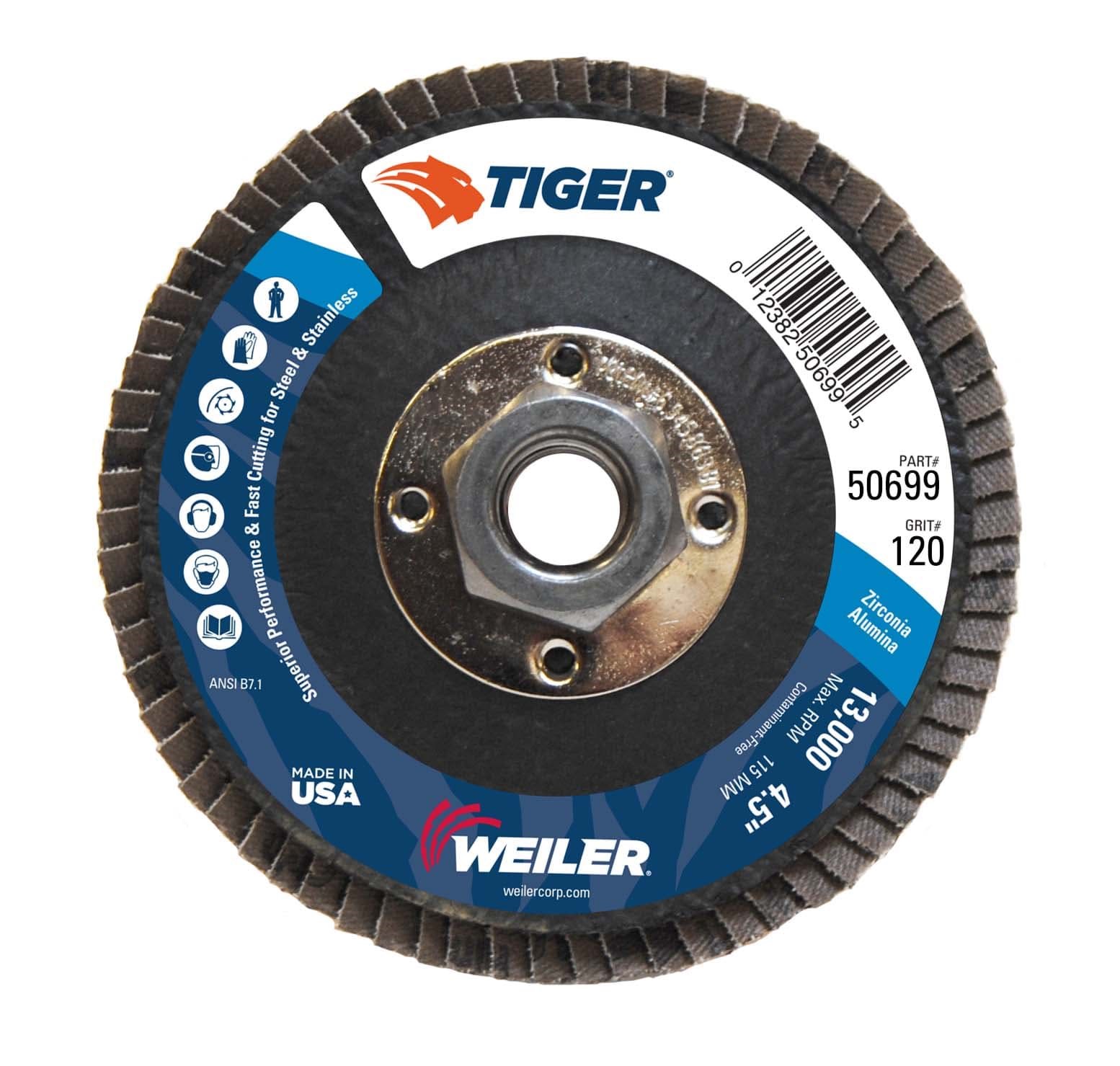 Picture of 4-1/2" Tiger Disc Abrasive Flap Disc, Flat (TY27), Phenolic Backing, 120Z, 5/8"-11 UNC Nut