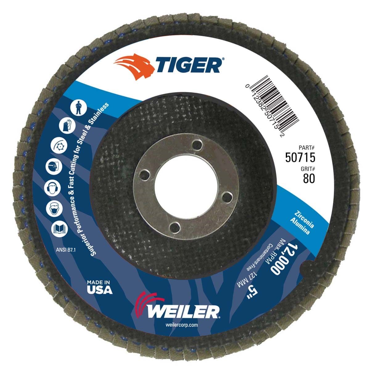 Picture of 5" Tiger Disc Abrasive Flap Disc, Flat (TY27), Phenolic Backing, 80Z, 7/8" Arbor Hole