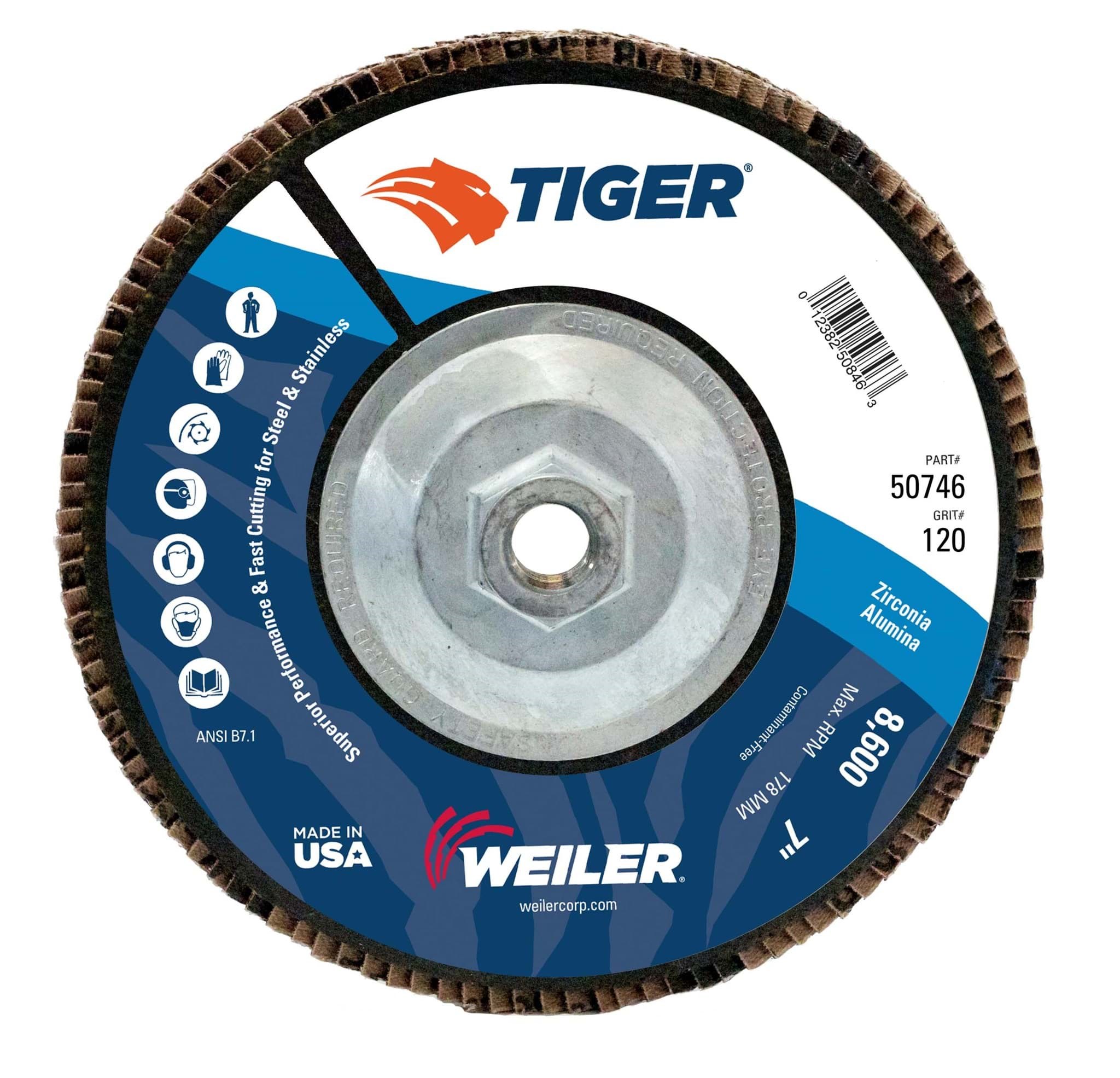 Picture of 7" Tiger Disc Abrasive Flap Disc, Flat (TY27), Phenolic Backing, 120Z, 5/8"-11 UNC Nut