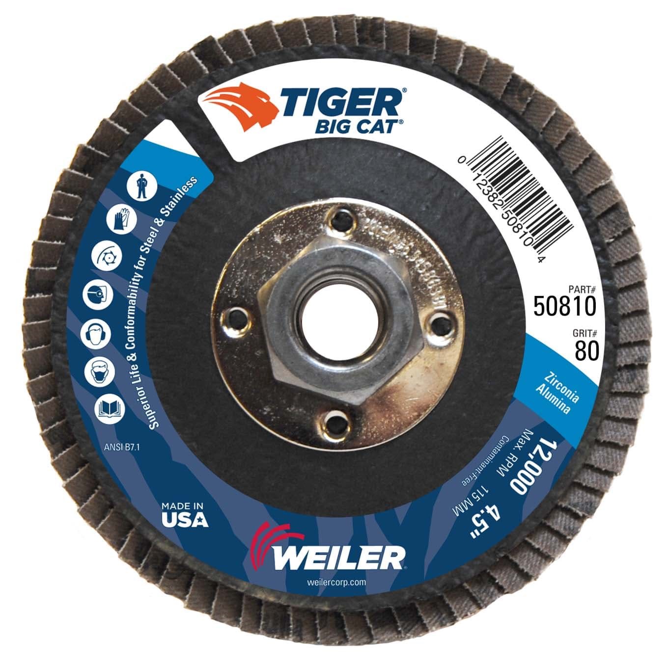 Picture of 4-1/2" Big Cat Abrasive Flap Disc, Flat (TY27), Phenolic Backing, 80Z, 5/8"-11 UNC Nut