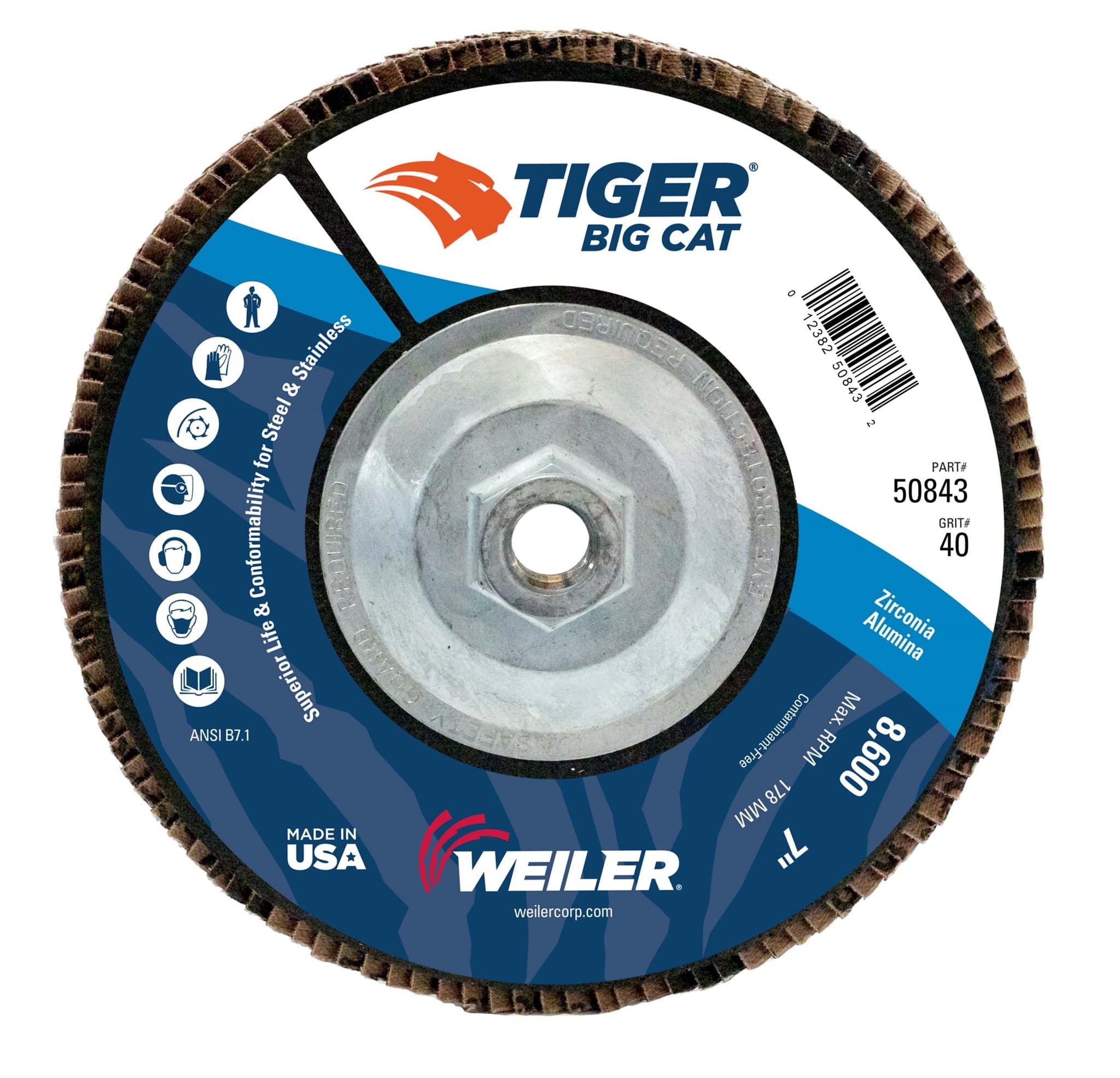 Picture of 7" Big Cat Abrasive Flap Disc, Flat (TY27), Phenolic Backing, 40Z, 5/8"-11 UNC Nut