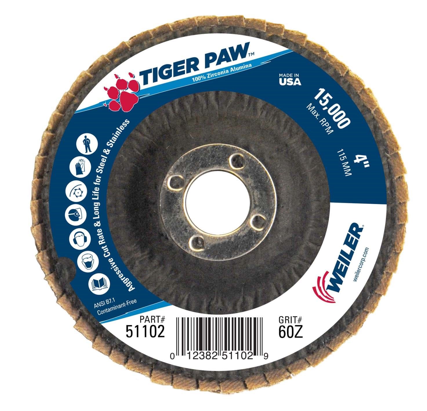 Picture of 4" Tiger Paw Abrasive Flap Disc, Flat (TY27), Phenolic Backing, 60Z, 5/8" Arbor Hole