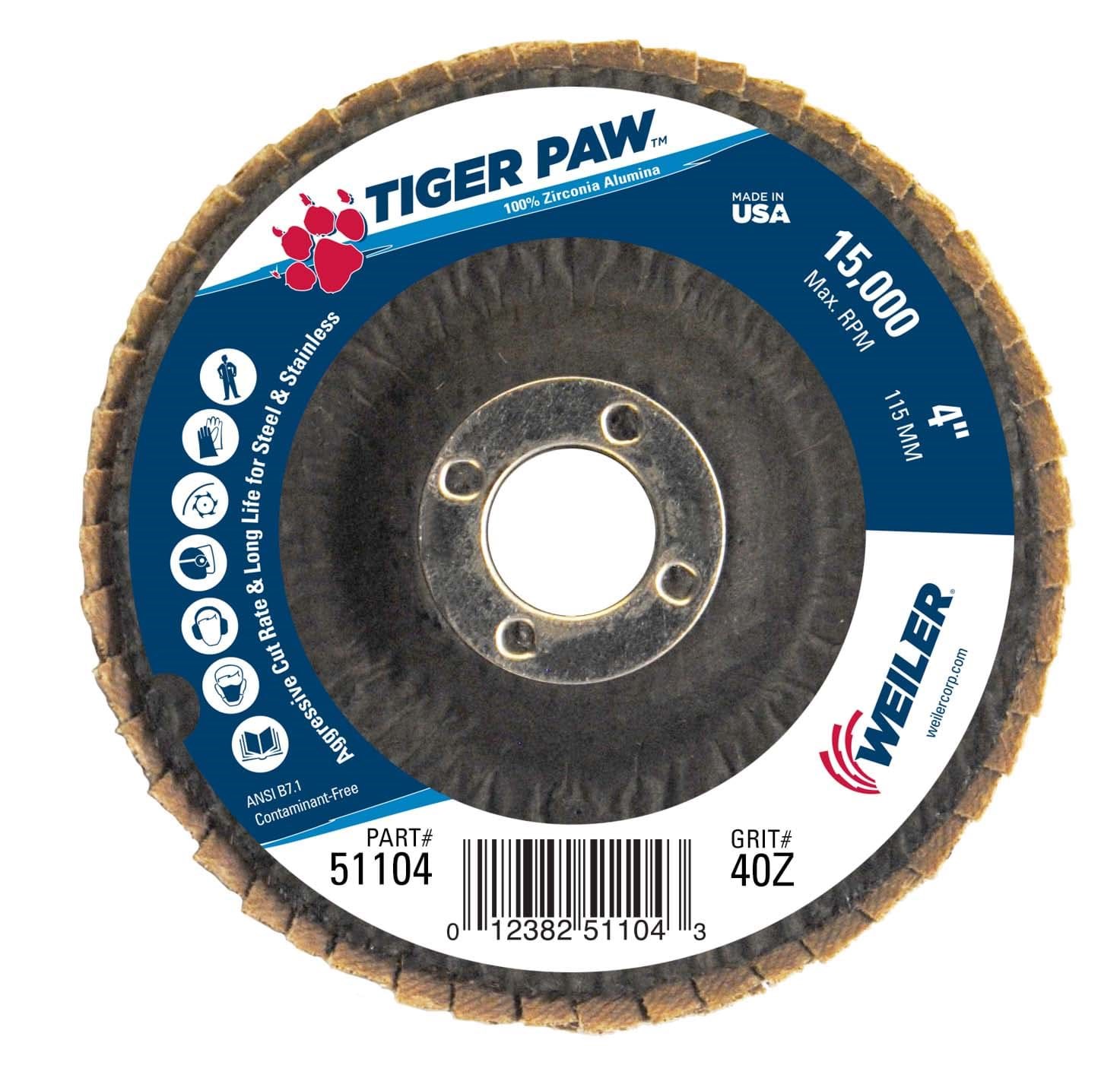 Picture of 4" Tiger Paw Abrasive Flap Disc, Conical (TY29), Phenolic Backing, 40Z, 5/8" Arbor Hole