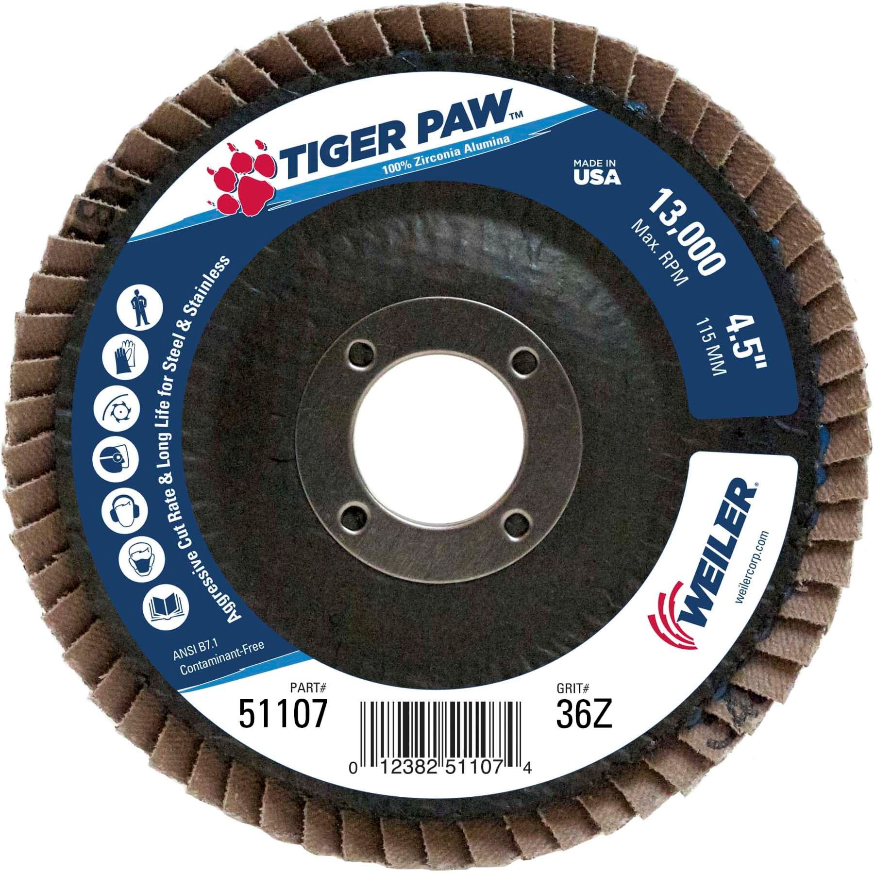 Picture of 4-1/2" Tiger Paw Abrasive Flap Disc, Flat (TY27), Phenolic Backing, 36Z, 7/8" Arbor Hole