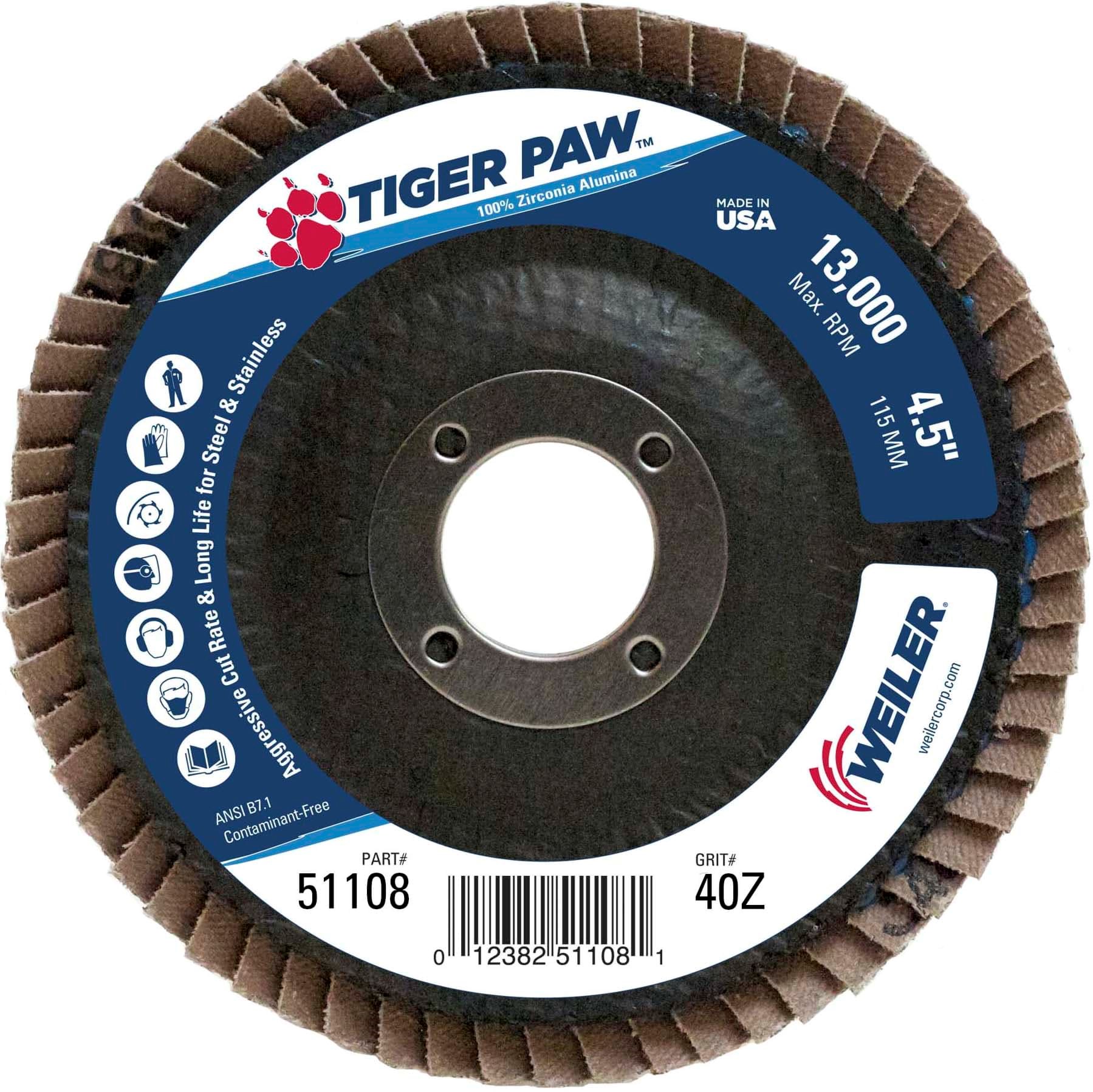 Picture of 4-1/2" Tiger Paw Abrasive Flap Disc, Flat (TY27), Phenolic Backing, 40Z, 7/8" Arbor Hole