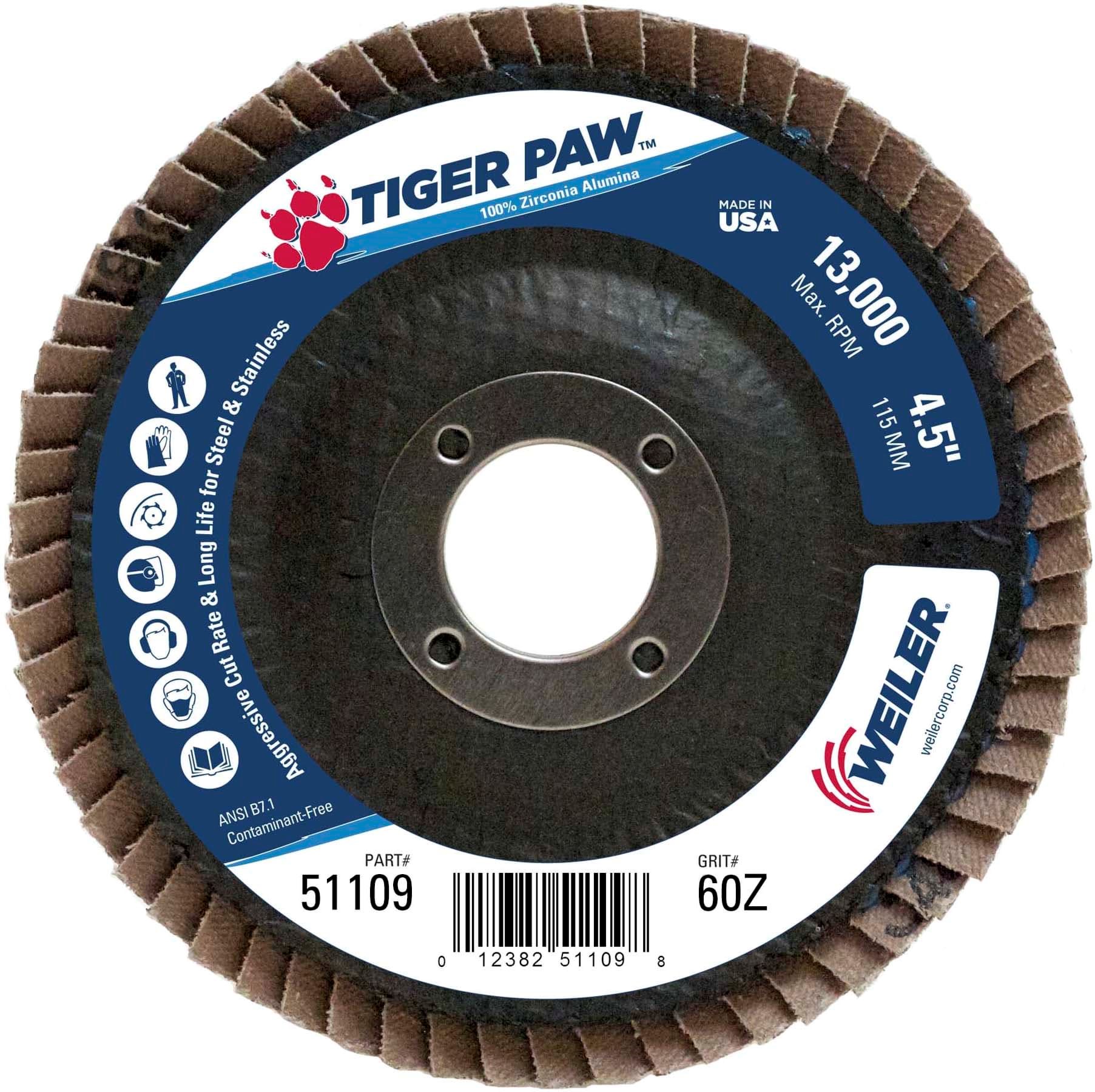 Picture of 4-1/2" Tiger Paw Abrasive Flap Disc, Flat (TY27), Phenolic Backing, 60Z, 7/8" Arbor Hole
