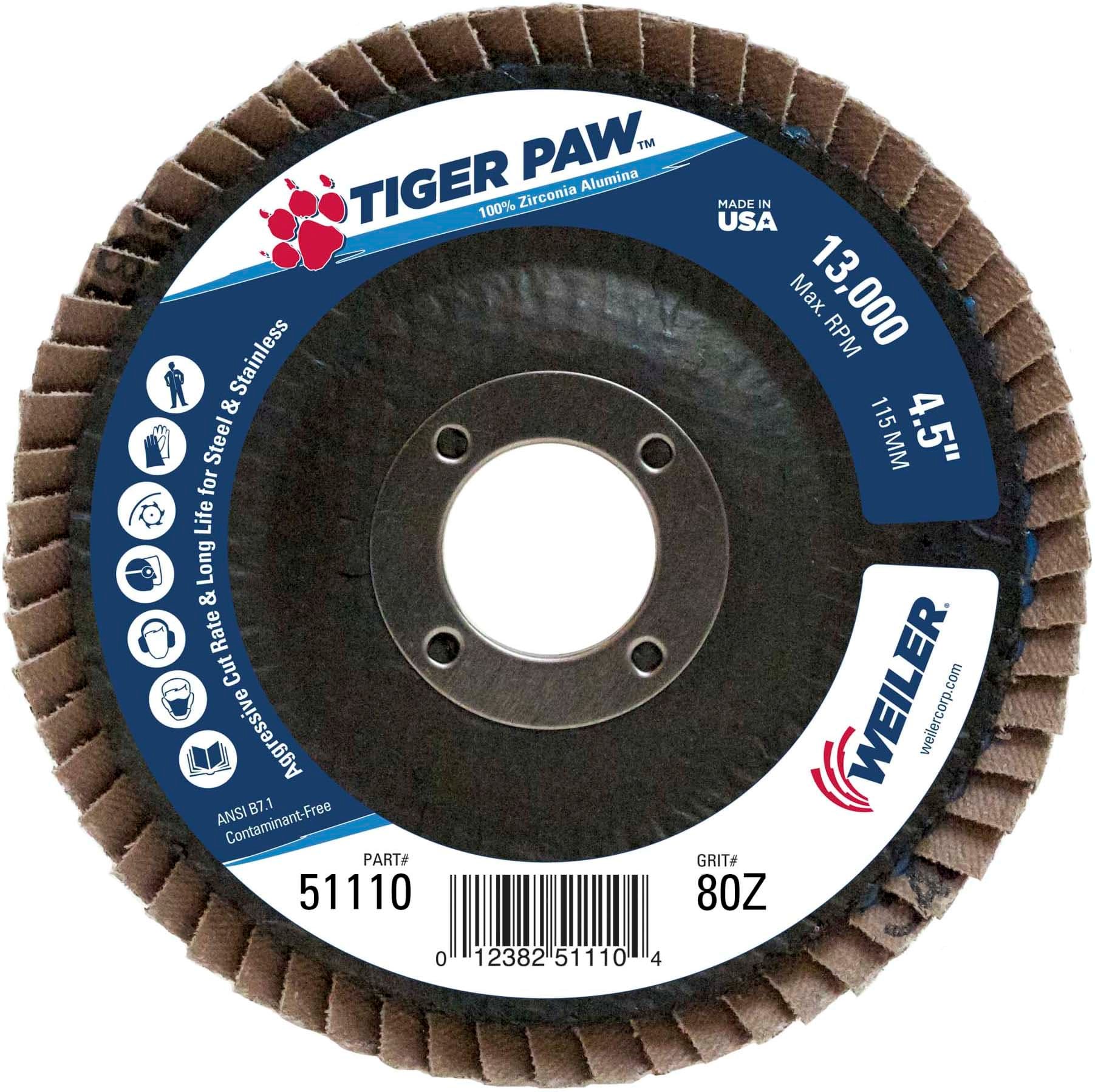 Picture of 4-1/2" Tiger Paw Abrasive Flap Disc, Flat (TY27), Phenolic Backing, 80Z, 7/8" Arbor Hole