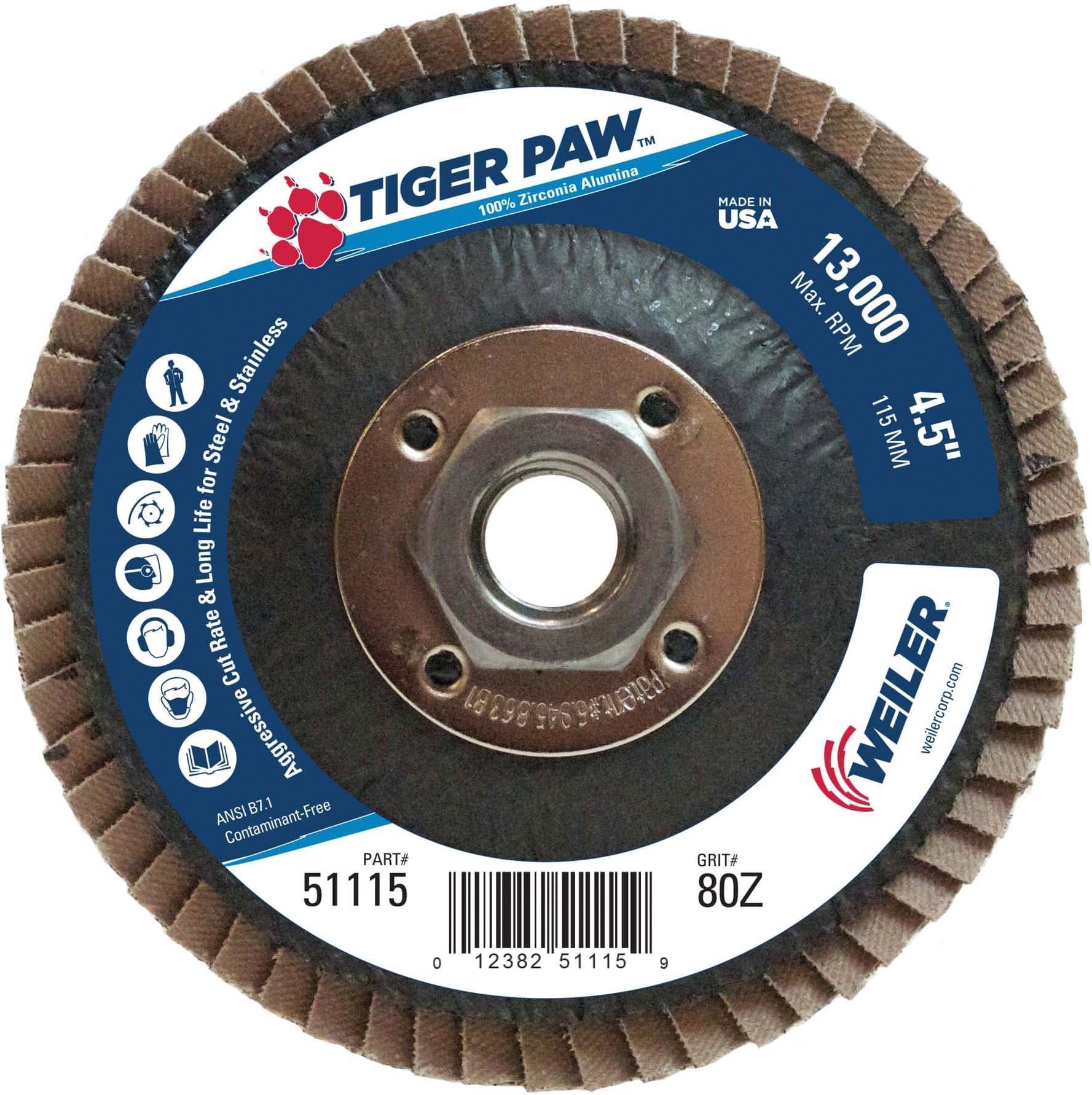 Picture of 4-1/2" Tiger Paw Abrasive Flap Disc, Flat (TY27), Phenolic Backing, 80Z, 5/8"-11 UNC Nut