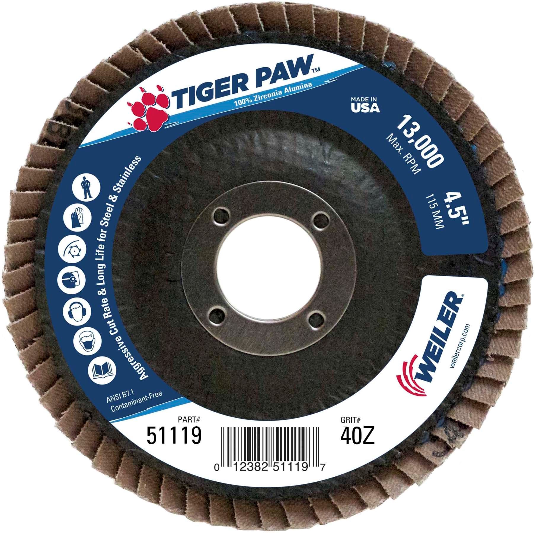 Picture of 4-1/2" Tiger Paw Abrasive Flap Disc, Conical (TY29), Phenolic Backing, 40Z, 7/8" Arbor Hole