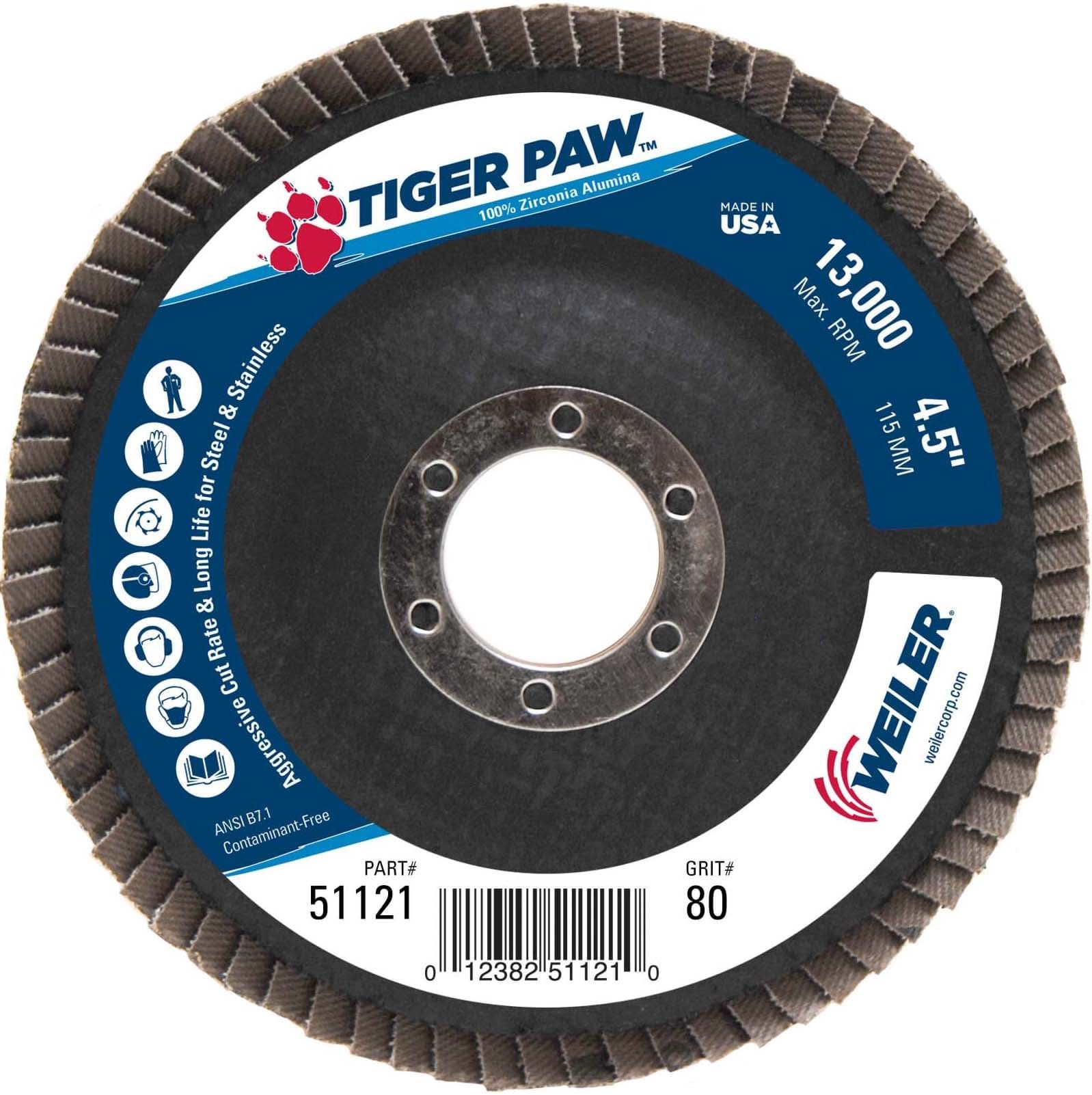 Picture of 4-1/2" Tiger Paw Abrasive Flap Disc, Conical (TY29), Phenolic Backing, 80Z, 7/8" Arbor Hole
