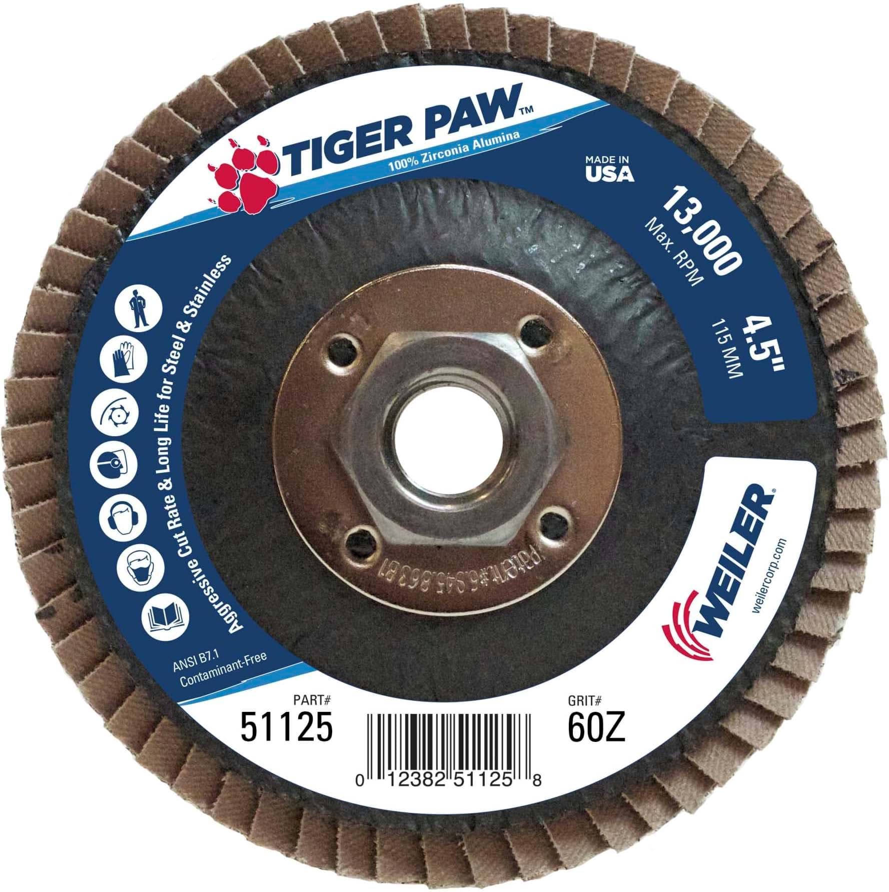 Picture of 4-1/2" Tiger Paw Abrasive Flap Disc, Conical (TY29), Phenolic Backing, 60Z, 5/8"-11 UNC Nut