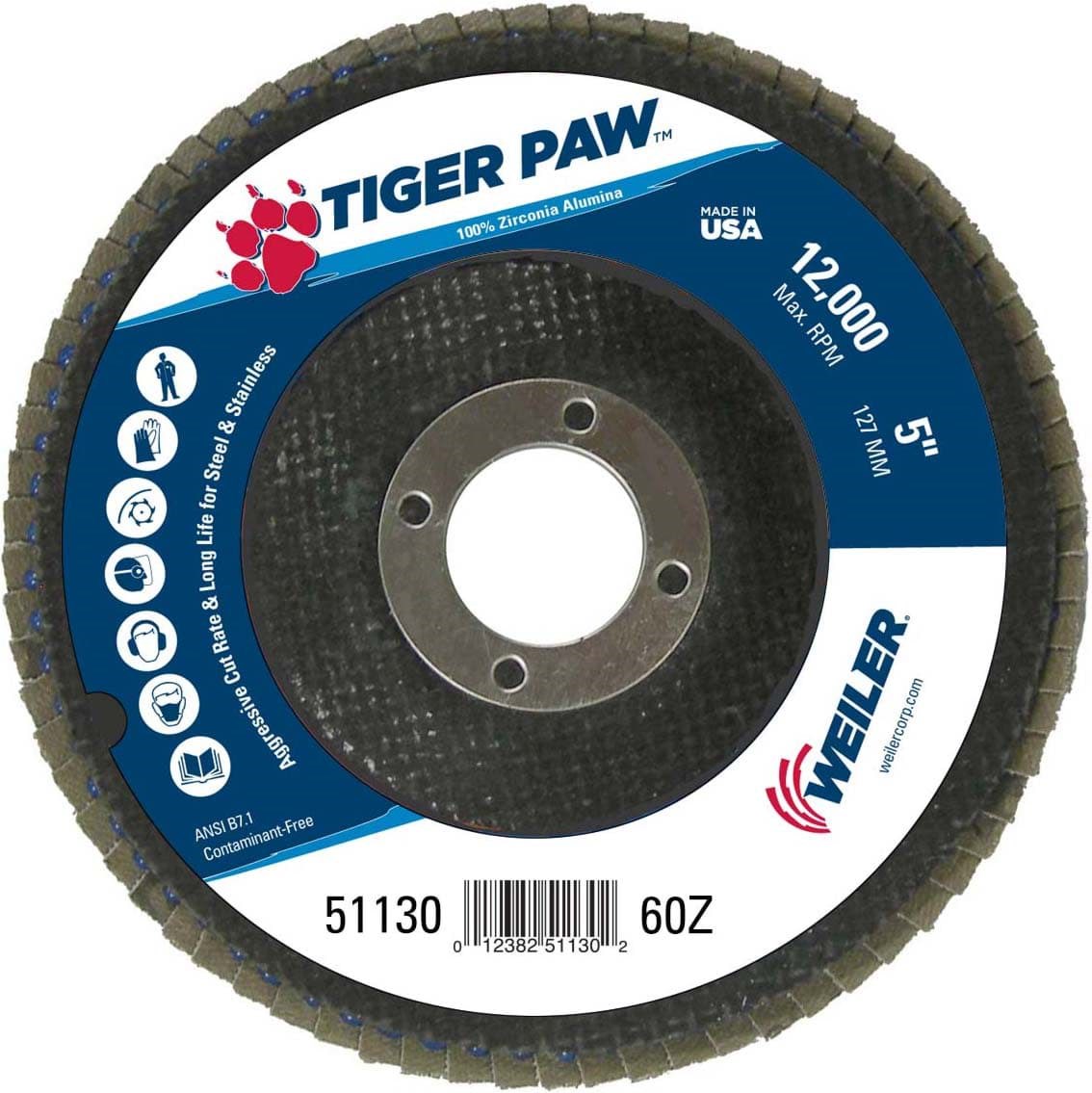Picture of 5" Tiger Paw Abrasive Flap Disc, Conical (TY29), Phenolic Backing, 60Z, 7/8" Arbor Hole