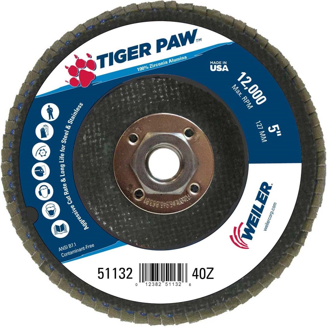 Picture of 5" Tiger Paw Abrasive Flap Disc, Conical (TY29), Phenolic Backing, 40Z, 5/8"-11 UNC Nut