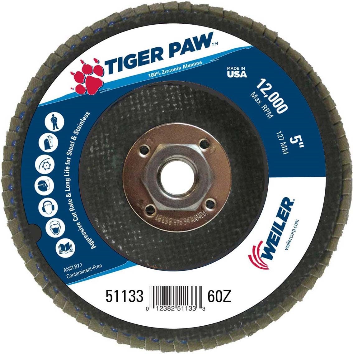 Picture of 5" Tiger Paw Abrasive Flap Disc, Conical (TY29), Phenolic Backing, 60Z, 5/8"-11 UNC Nut