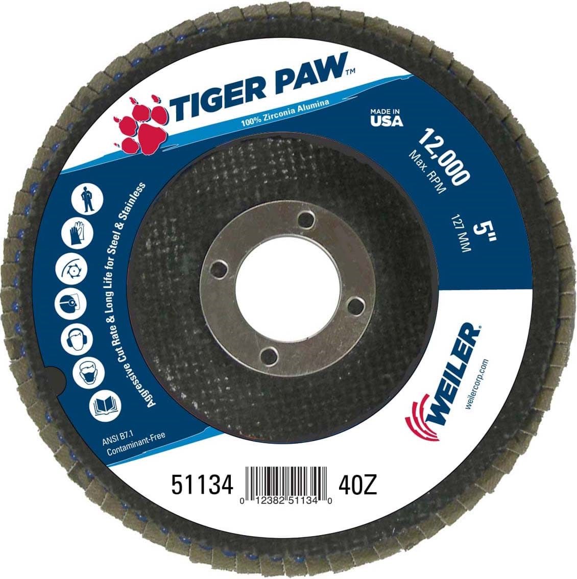Picture of 5" Tiger Paw Abrasive Flap Disc, Flat (TY27), Phenolic Backing, 40Z, 7/8" Arbor Hole