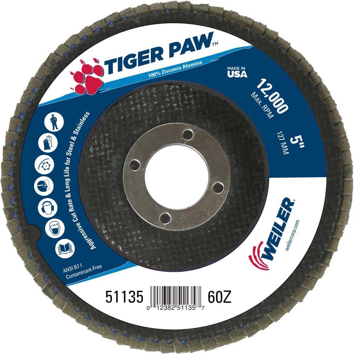 Picture of 5" Tiger Paw Abrasive Flap Disc, Flat (TY27), Phenolic Backing, 60Z, 7/8" Arbor Hole