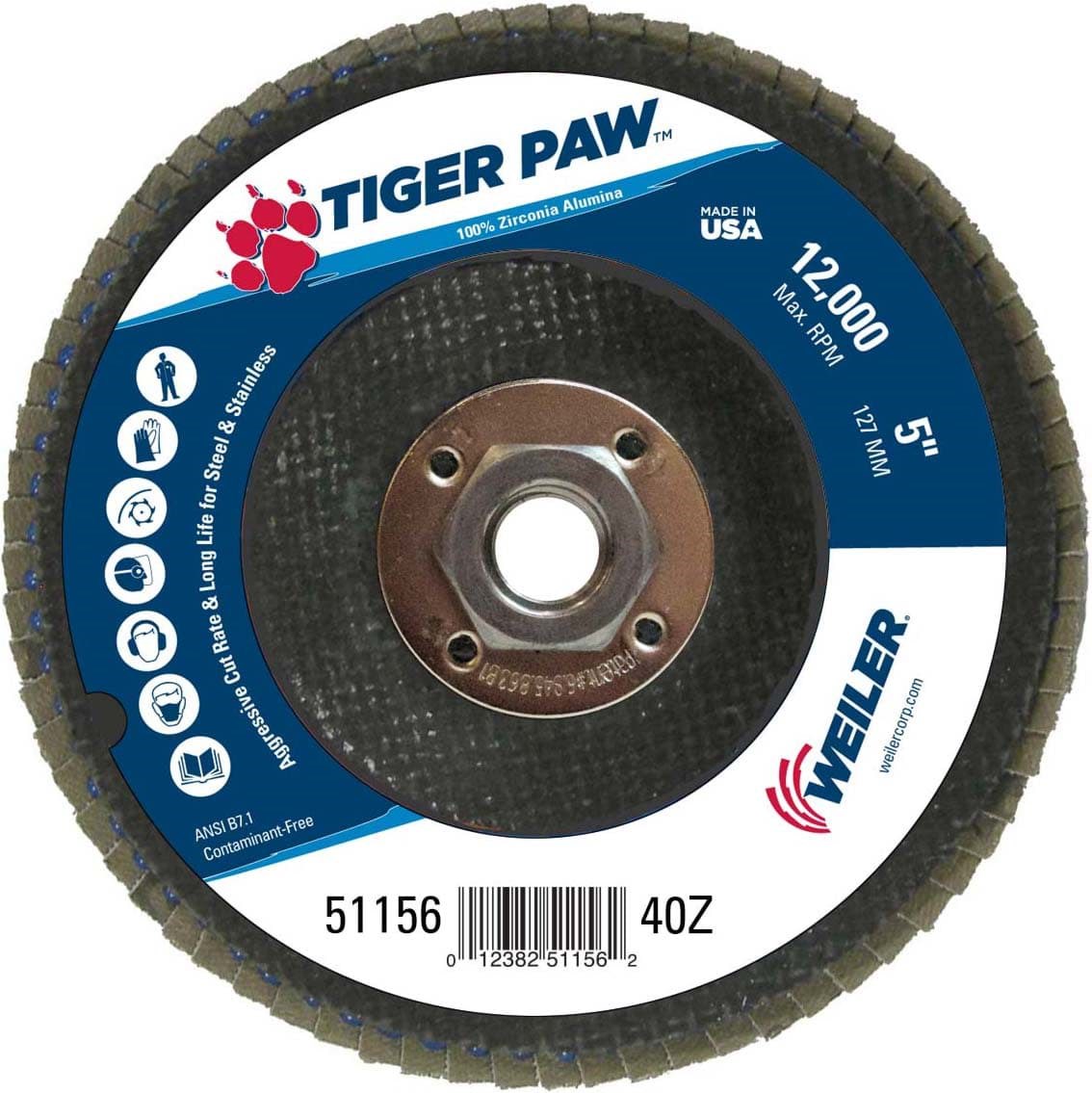 Picture of 5" Tiger Paw Abrasive Flap Disc, Flat (TY27), Phenolic Backing, 40Z, 5/8"-11 UNC Nut
