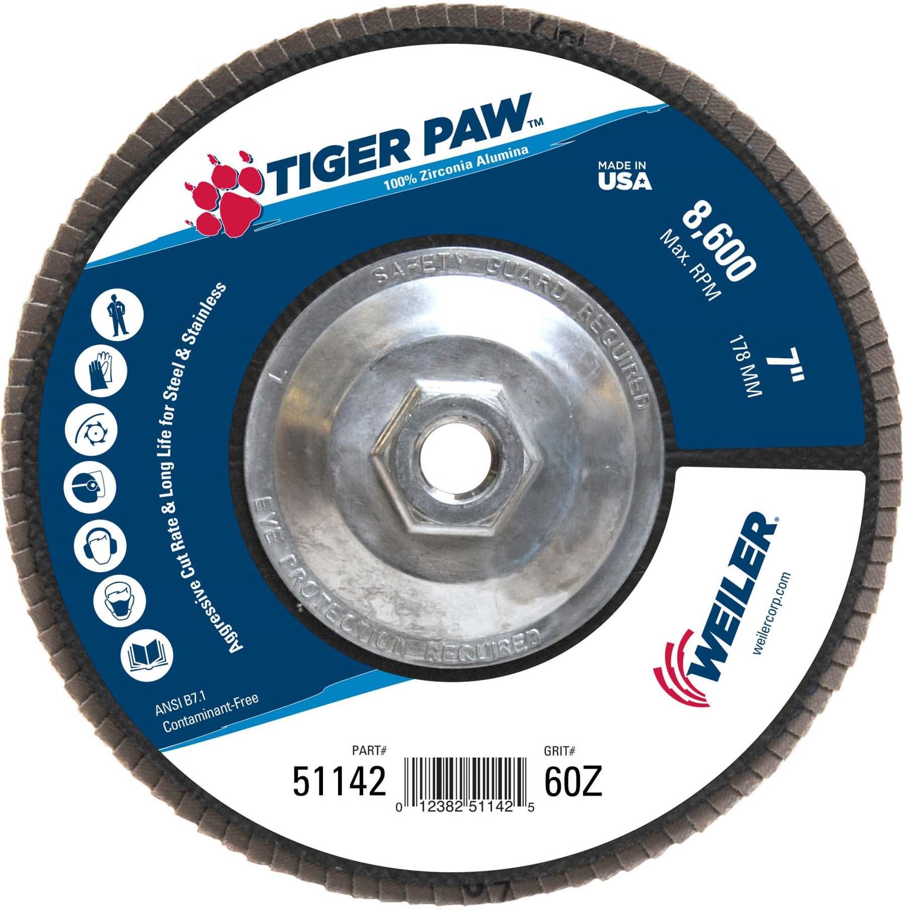 Picture of 7" Tiger Paw Abrasive Flap Disc, Flat (TY27), Phenolic Backing, 60Z, 5/8"-11 UNC Nut