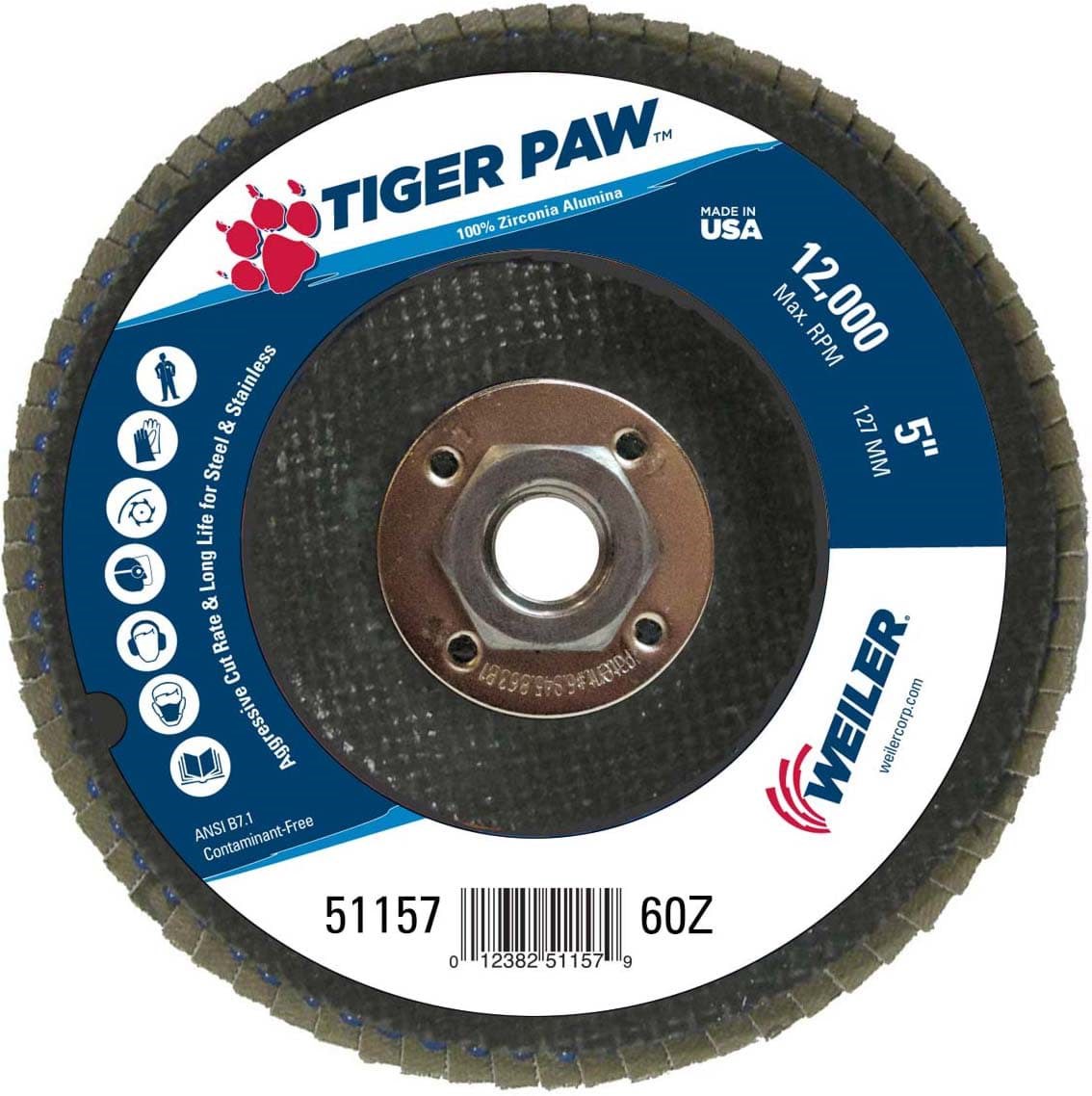 Picture of 5" Tiger Paw Abrasive Flap Disc, Flat (TY27), Phenolic Backing, 60Z, 5/8"-11 UNC Nut