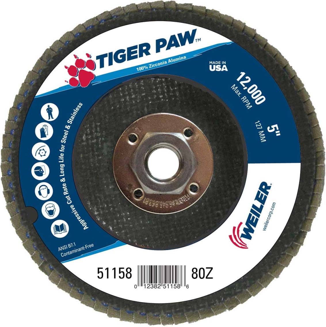Picture of 5" Tiger Paw Abrasive Flap Disc, Flat (TY27), Phenolic Backing, 80Z, 5/8"-11 UNC Nut