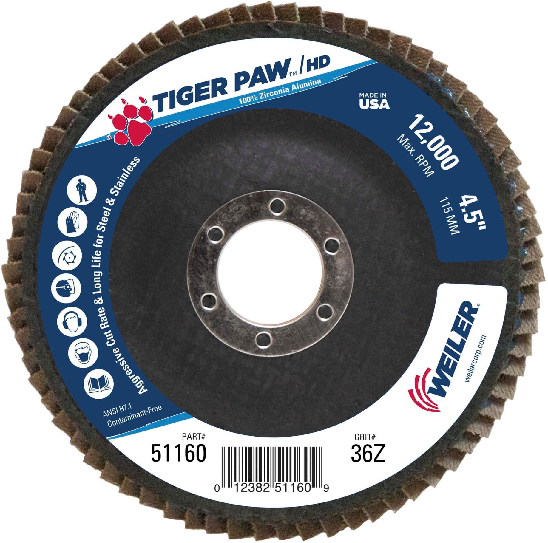 Picture of 4-1/2" Tiger Paw Super High Density Flap Disc, Flat (TY27), Phenolic Backing, 36Z, 7/8" Arbor Hole