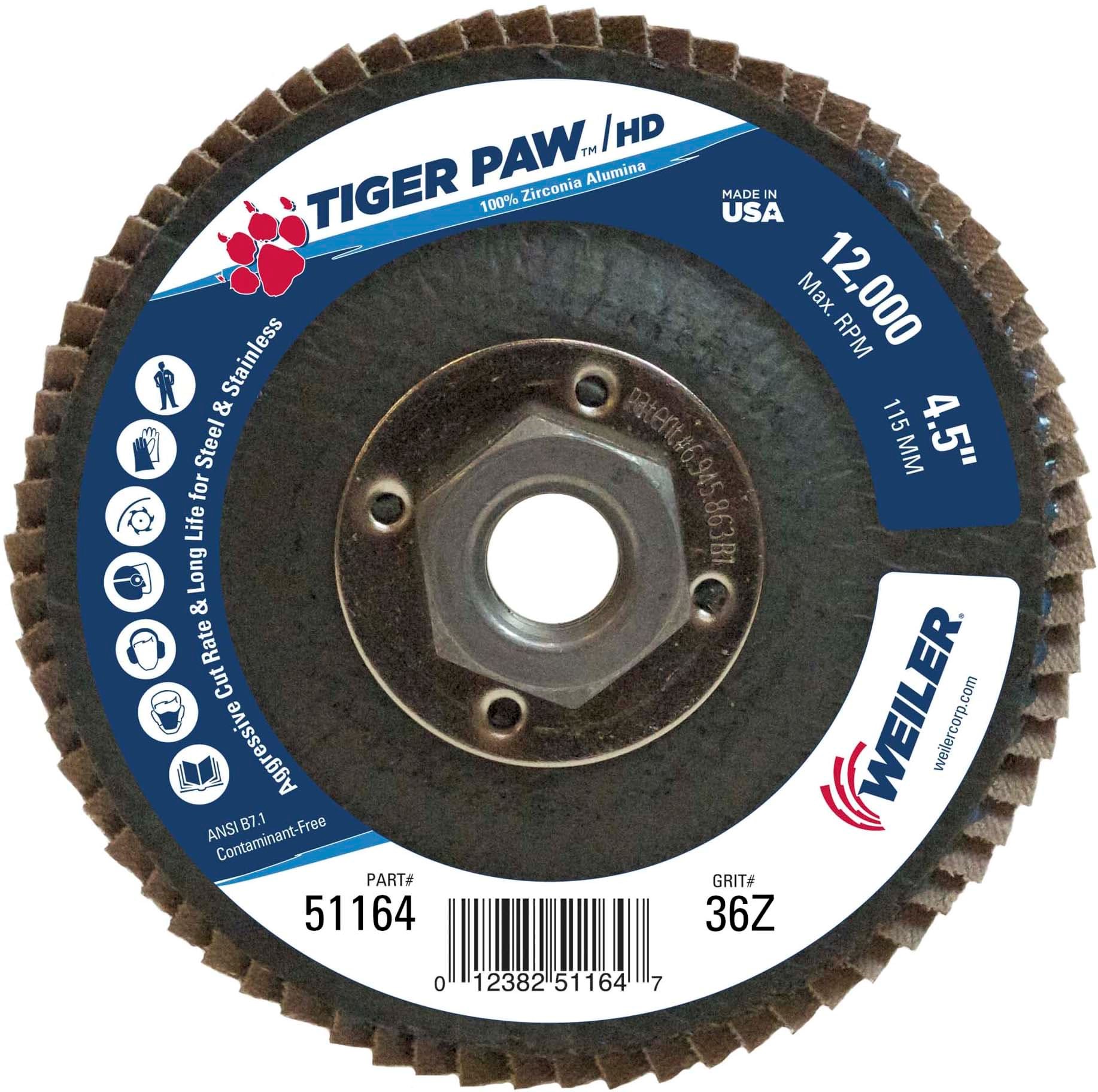 Picture of 4-1/2" Tiger Paw Super High Density Flap Disc, Flat (TY27), Phenolic Backing, 36Z, 5/8"-11 UNC Nut
