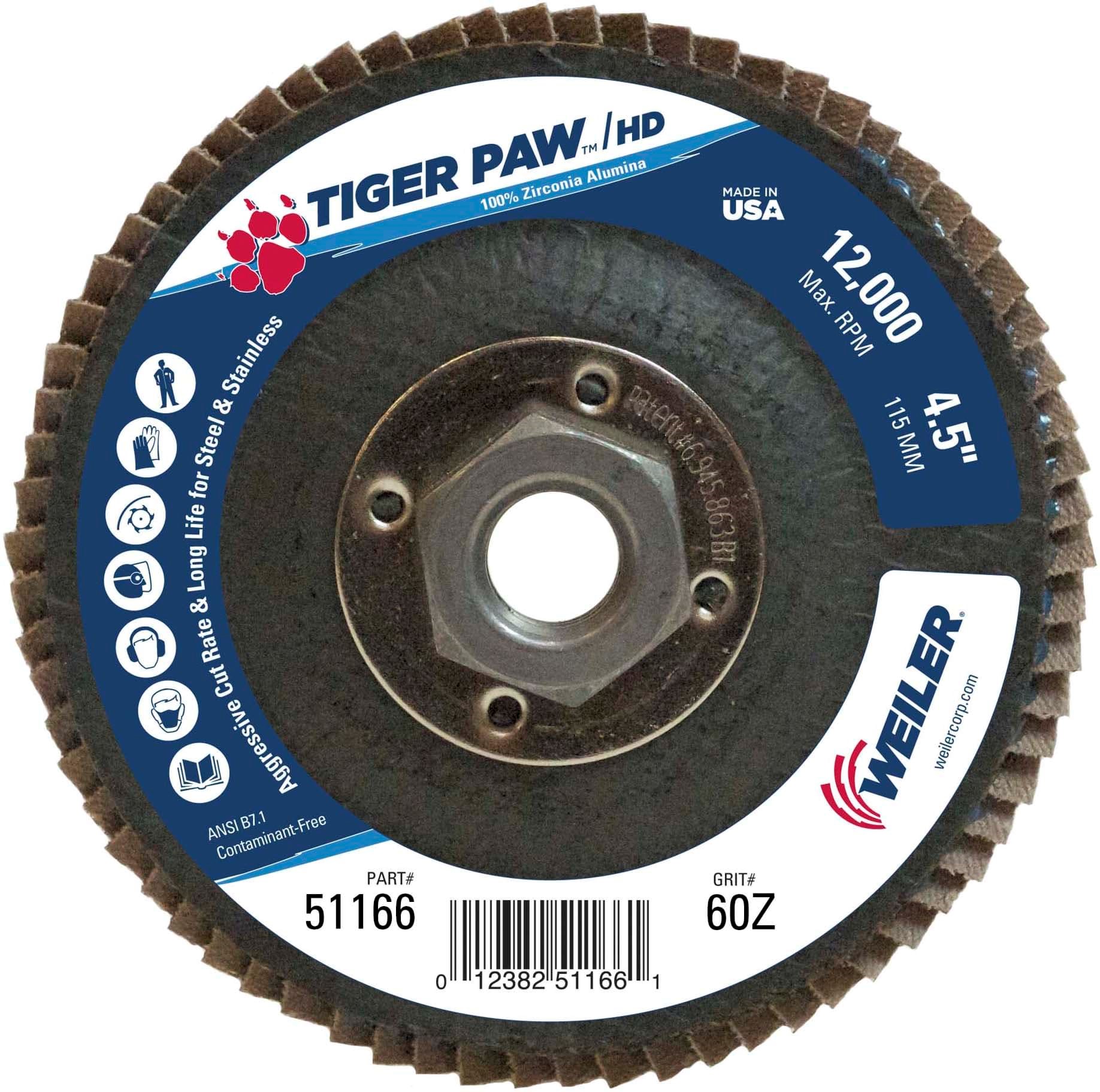 Picture of 4-1/2" Tiger Paw Super High Density Flap Disc, Flat (TY27), Phenolic Backing, 60Z, 5/8"-11 UNC Nut