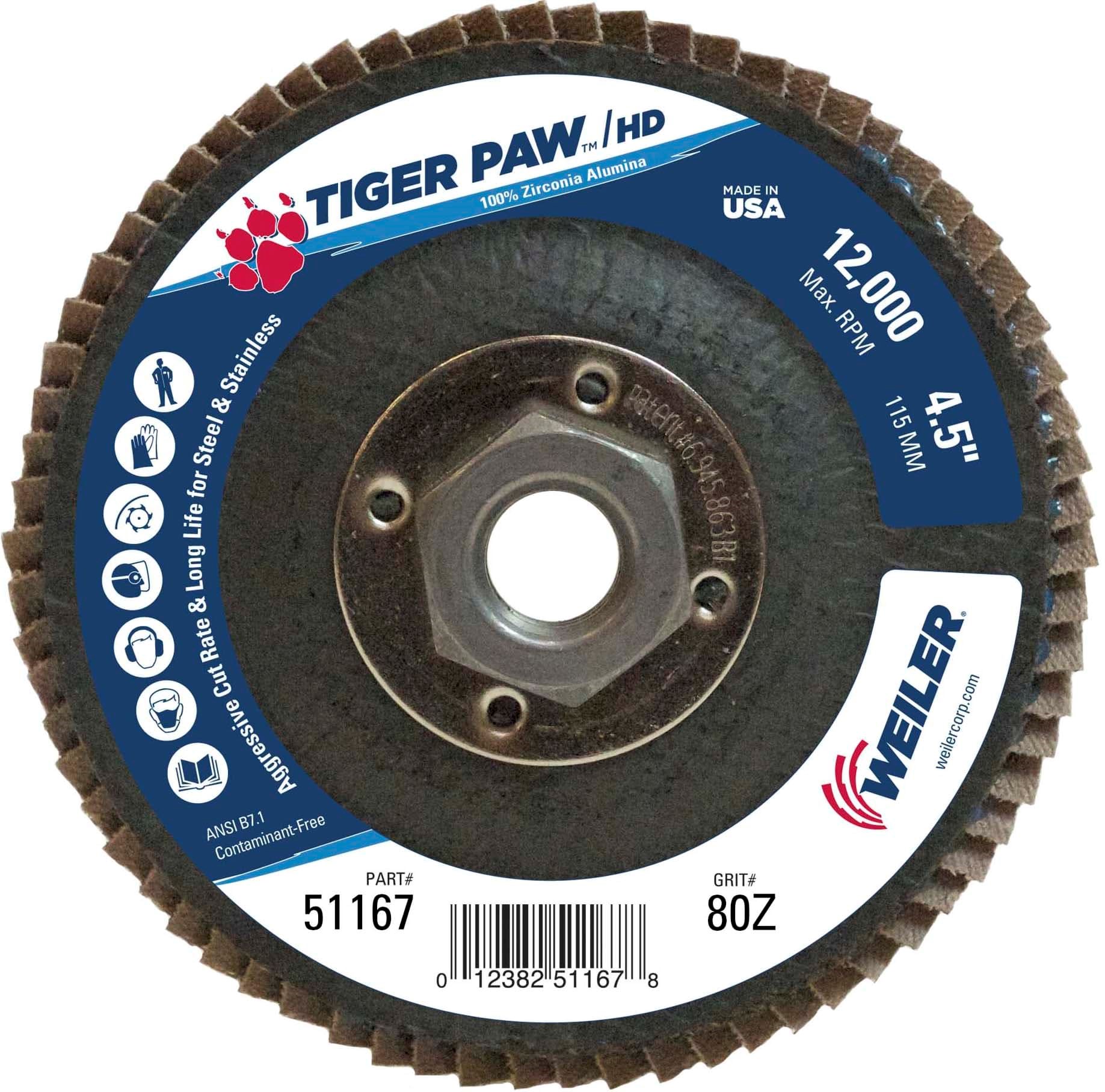 Picture of 4-1/2" Tiger Paw Super High Density Flap Disc, Flat (TY27), Phenolic Backing, 80Z, 5/8"-11 UNC Nut