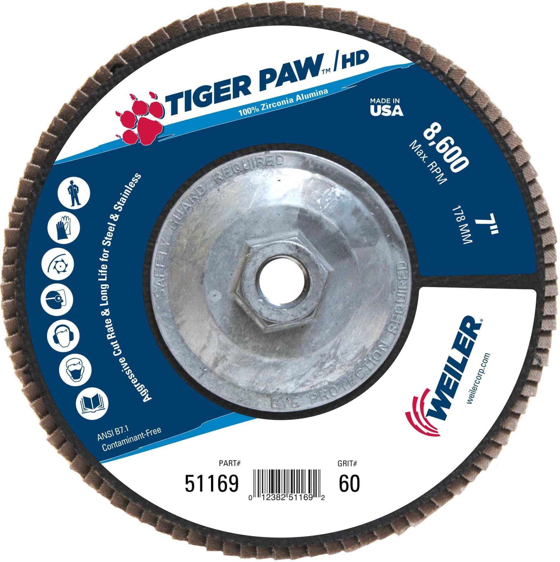 Picture of 7" Tiger Paw Super High Density Flap Disc, Flat (TY27), Phenolic Backing, 60Z, 5/8"-11 UNC Nut