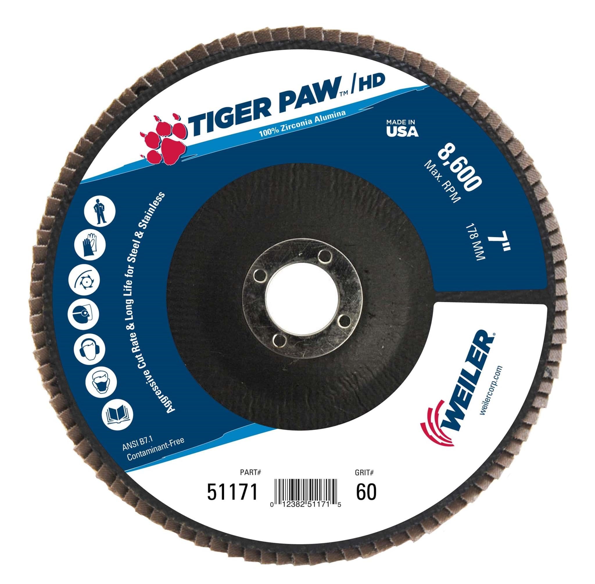 Picture of 7" Tiger Paw Super High Density Flap Disc, Flat (TY27), Phenolic Backing, 60Z, 7/8" Arbor Hole