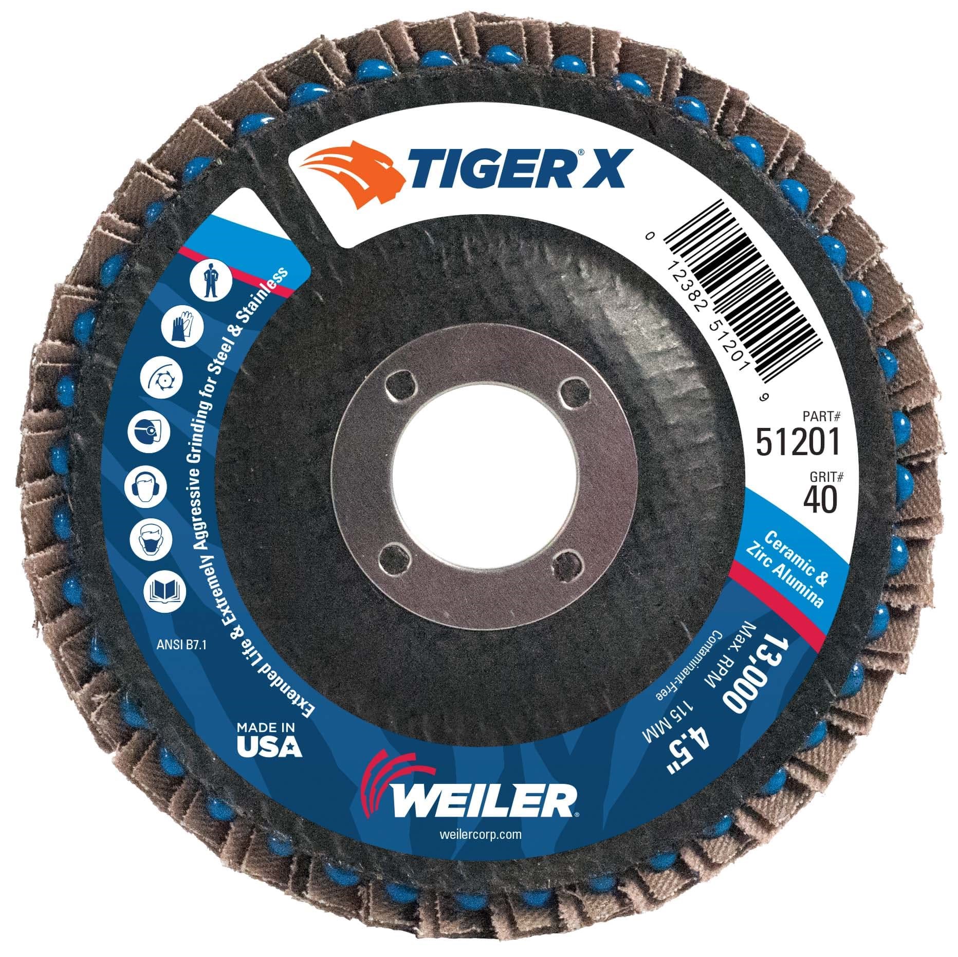 Picture of 4-1/2" Tiger X Flap Disc, Conical (TY29), Phenolic Backing, 40Z, 7/8" Arbor Hole