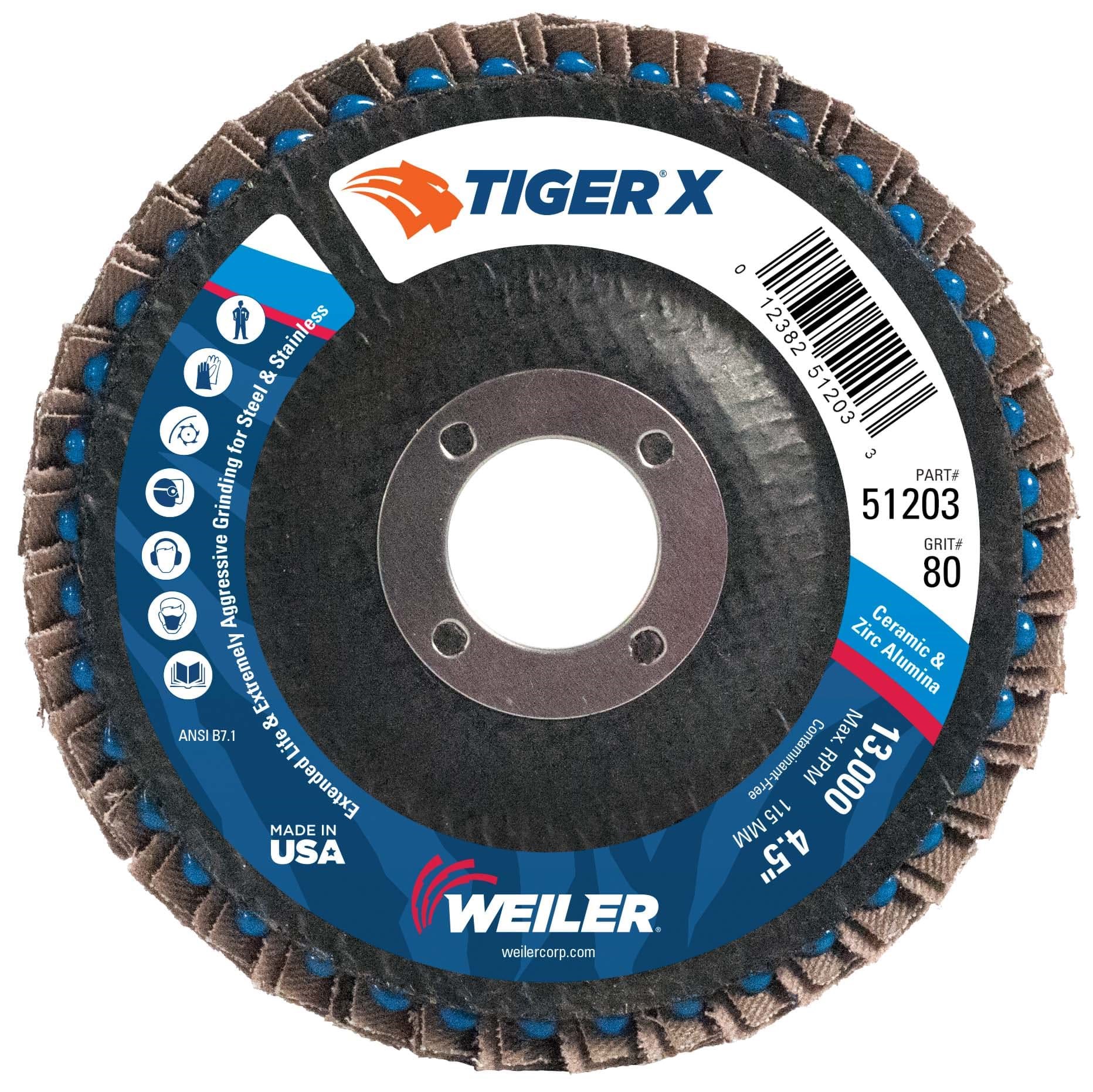Picture of 4-1/2" Tiger X Flap Disc, Conical (TY29), Phenolic Backing, 80Z, 7/8" Arbor Hole