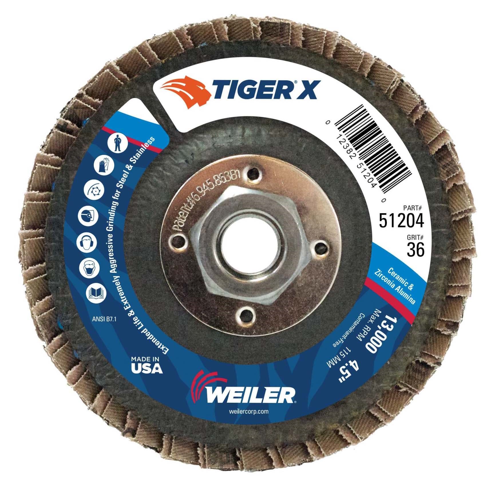 Picture of 4-1/2" Tiger X Flap Disc, Conical (TY29), Phenolic Backing, 36Z, 5/8"-11 UNC Nut